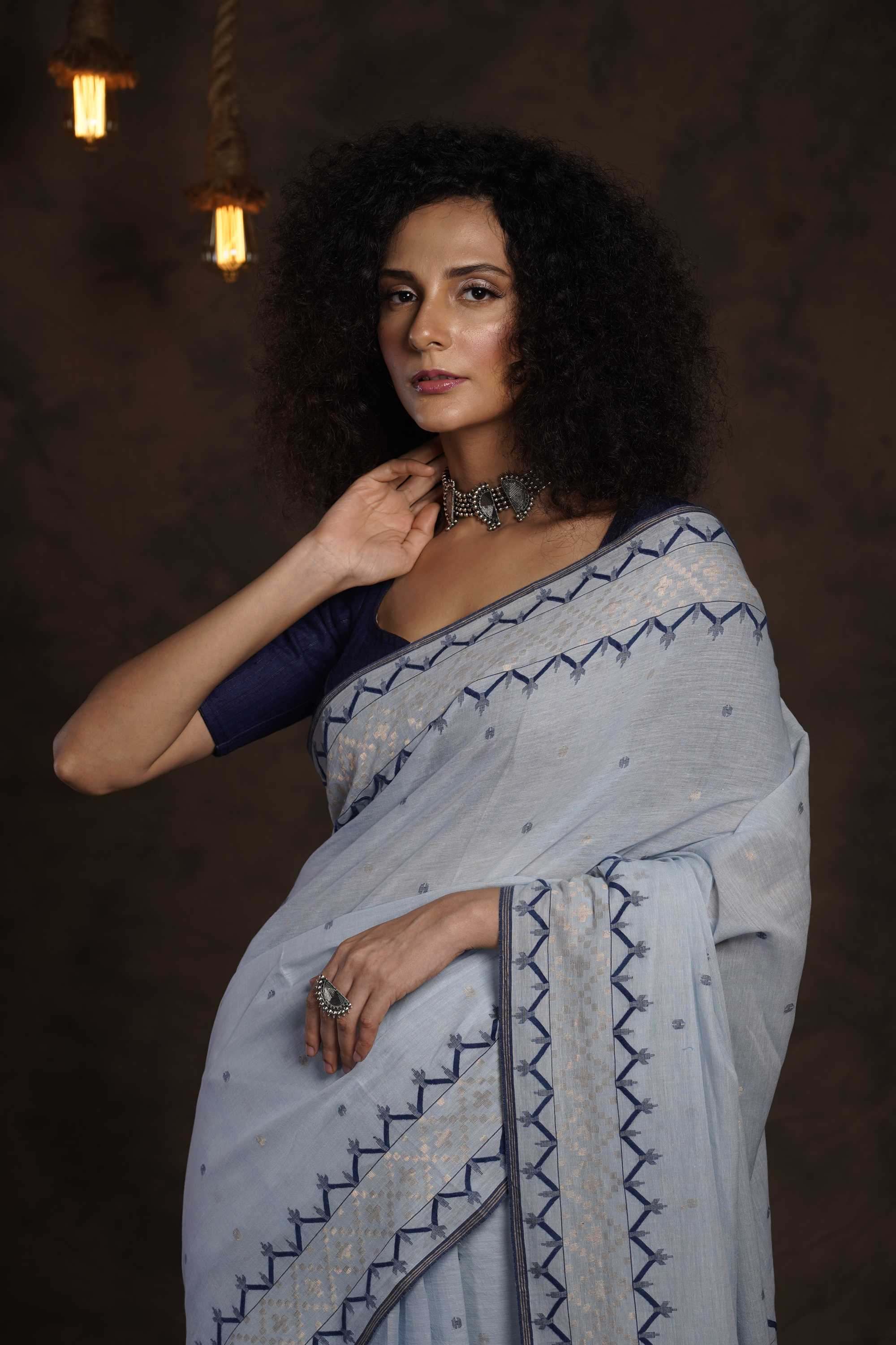 Meghneel - Handwoven Sky Jamdani Saree
