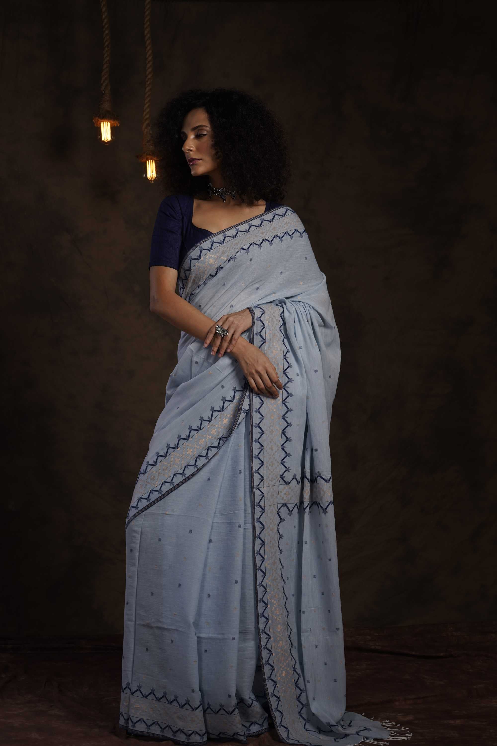 Meghneel - Handwoven Sky Jamdani Saree