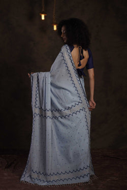 Meghneel - Handwoven Sky Khadi Jamdani Saree