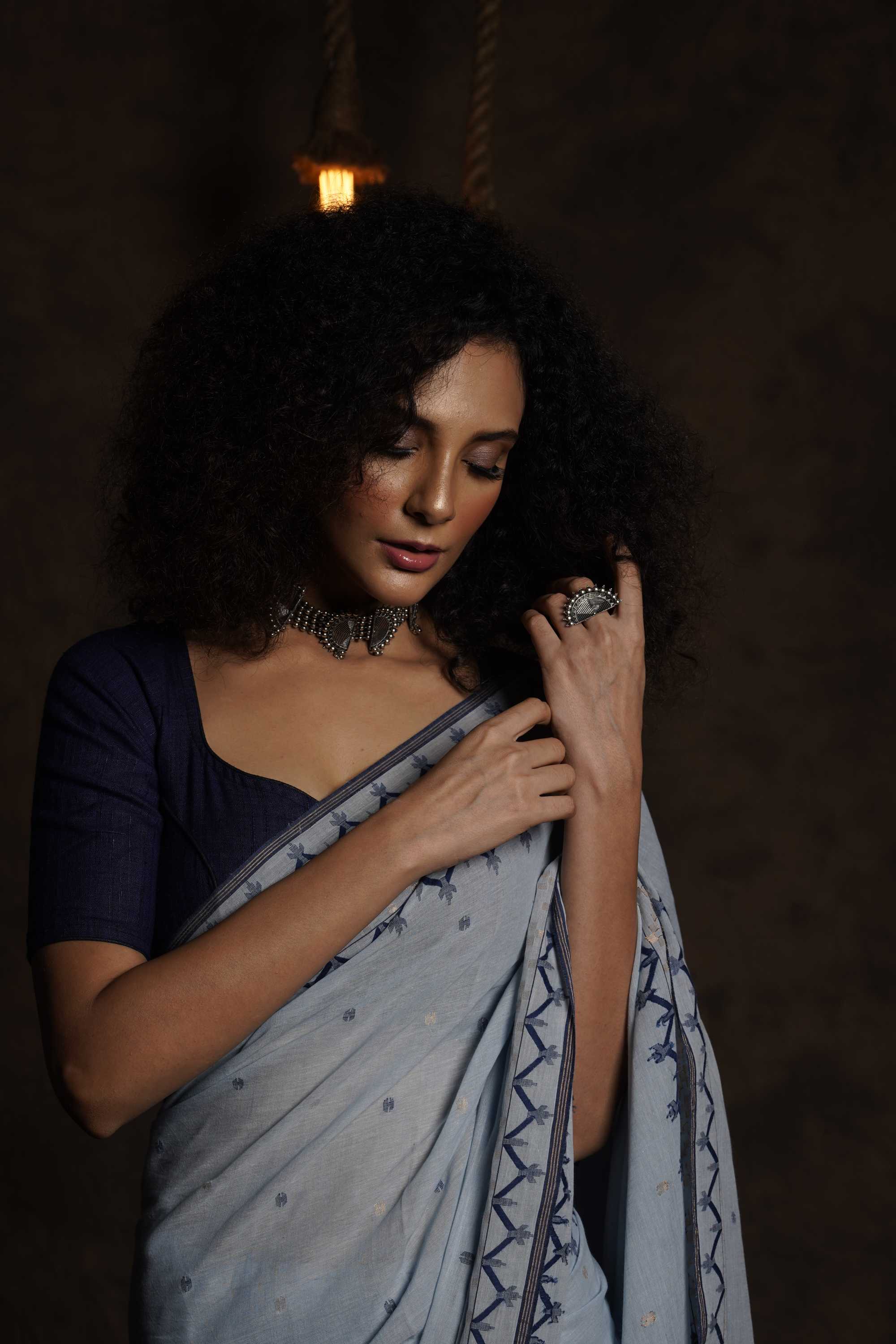 Meghneel - Handwoven Sky Khadi Jamdani Saree