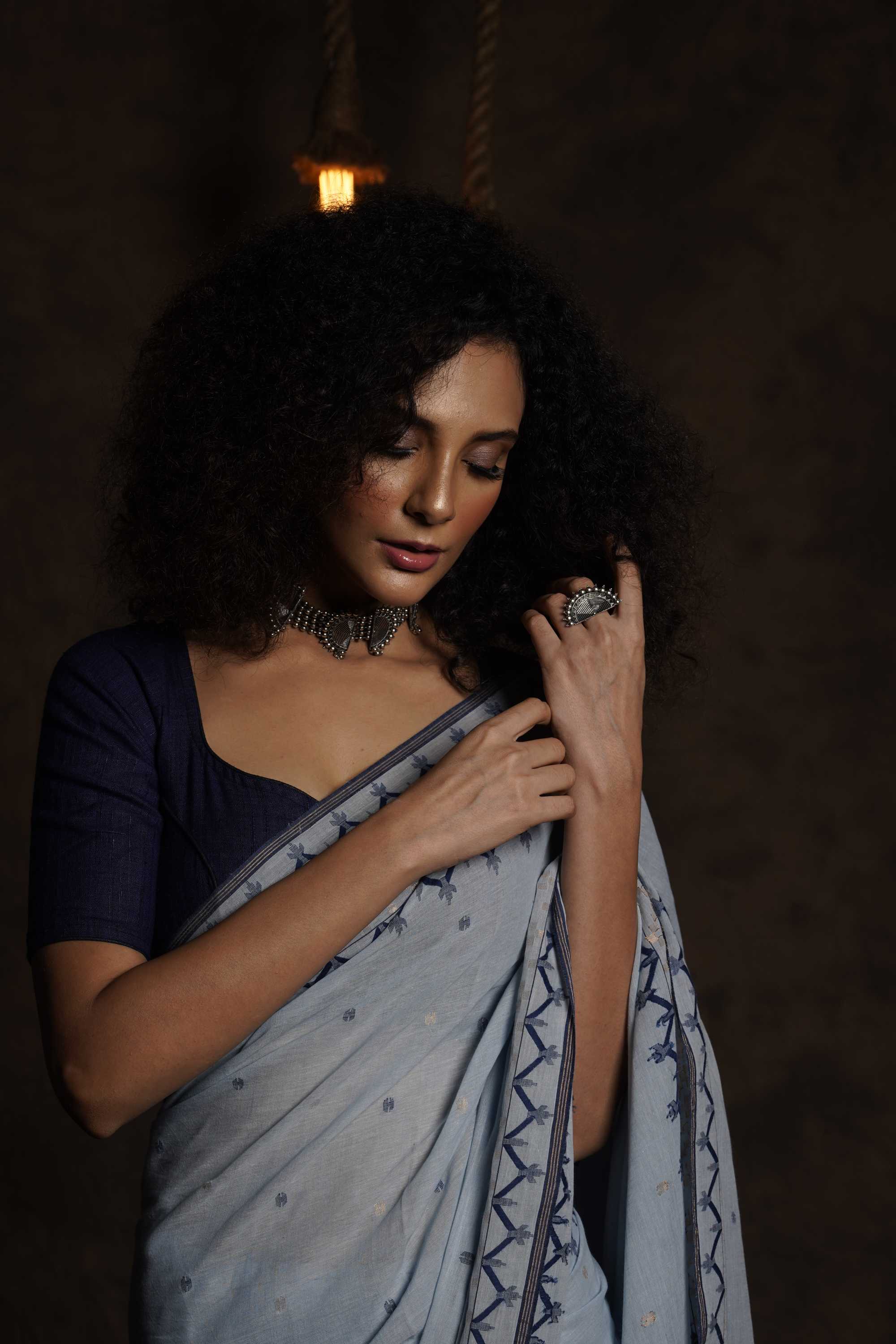 Meghneel - Handwoven Sky Jamdani Saree