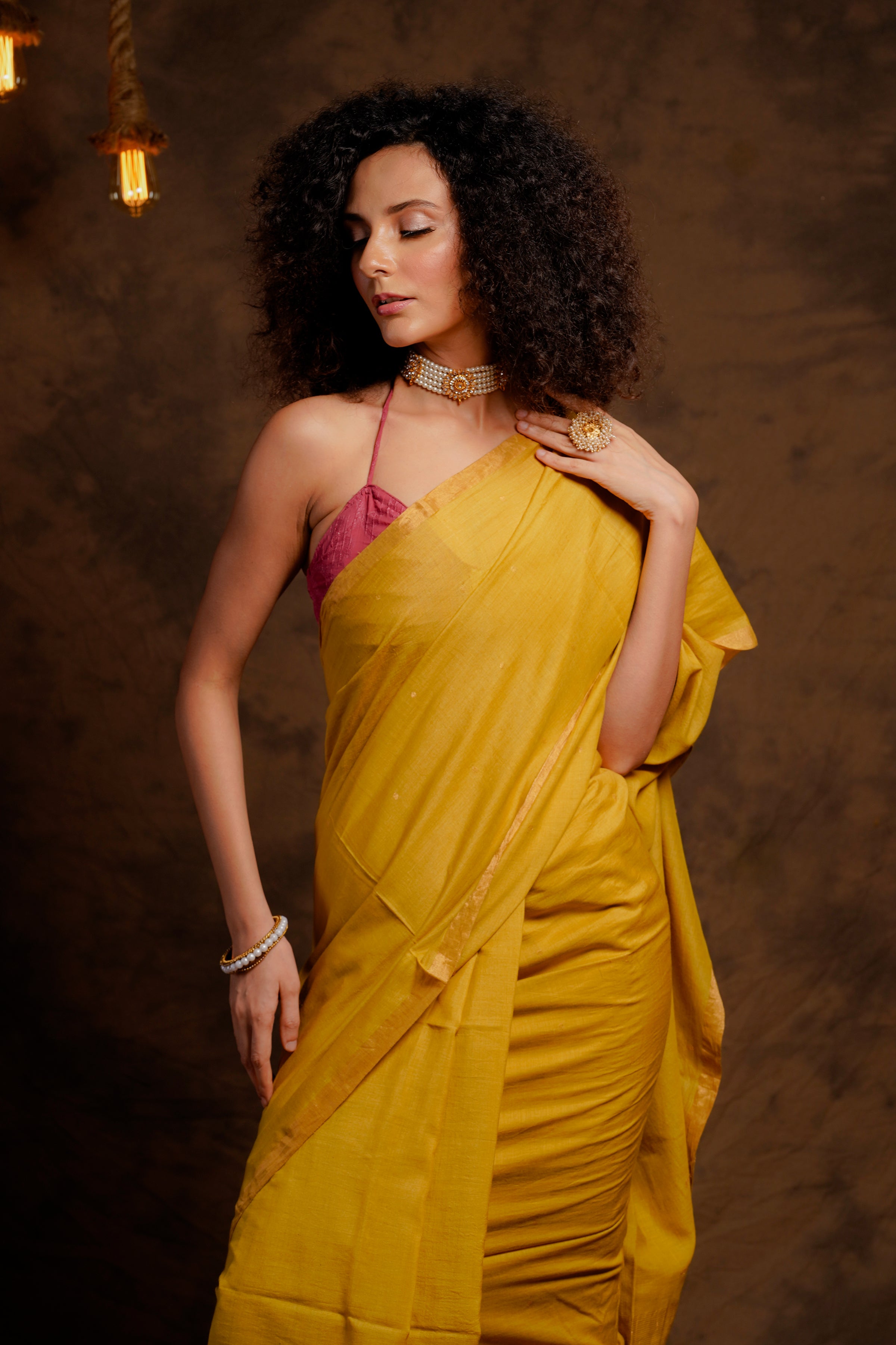 Yellow Khadi pallu karat saree - Aankona