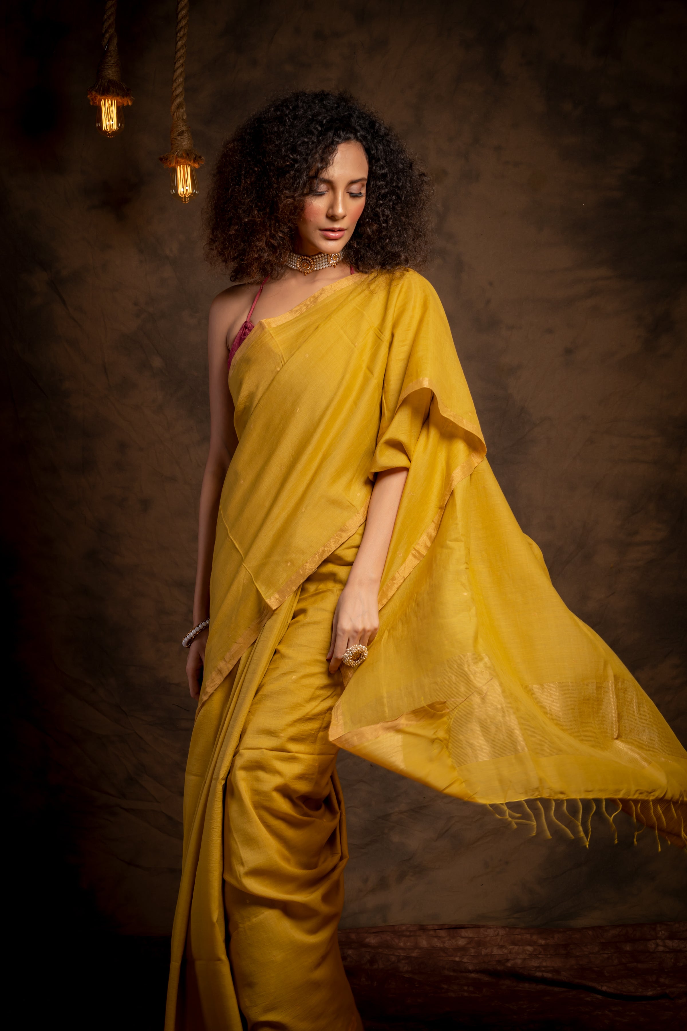 Yellow Khadi pallu karat saree - Aankona