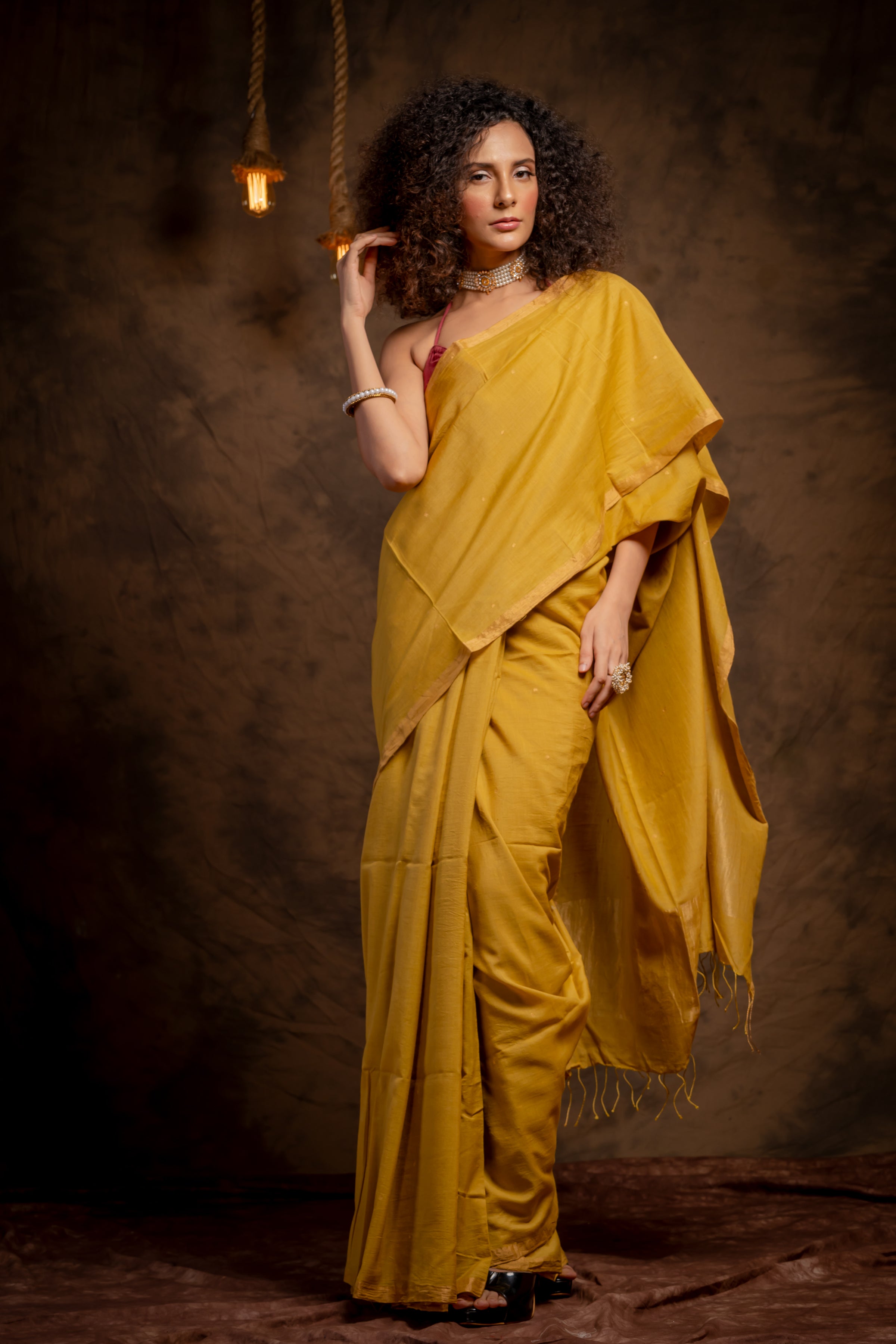 Yellow Khadi pallu karat saree - Aankona