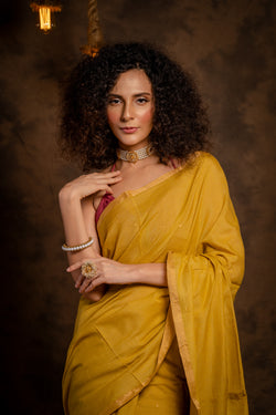 Yellow Khadi pallu karat saree - Aankona