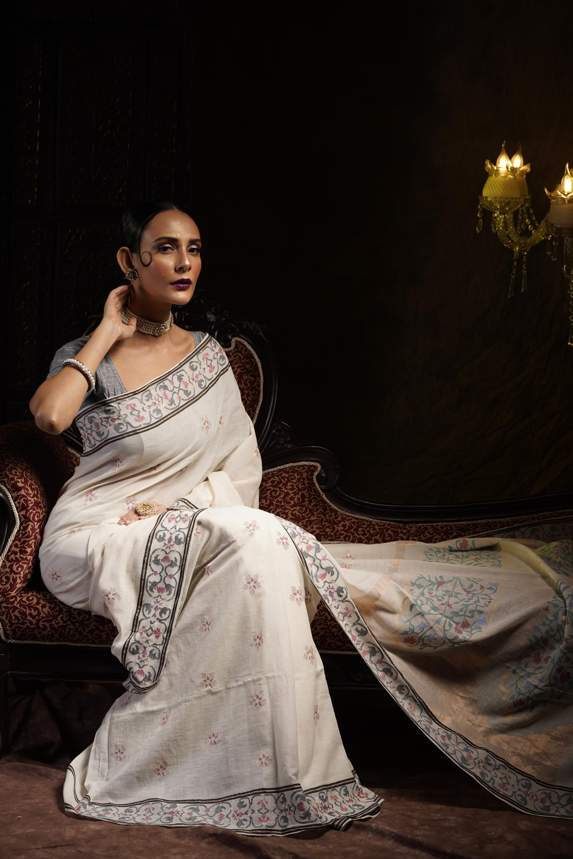 Belleza icónica: Khadi Jamdani Saree con temática del Taj Mahal