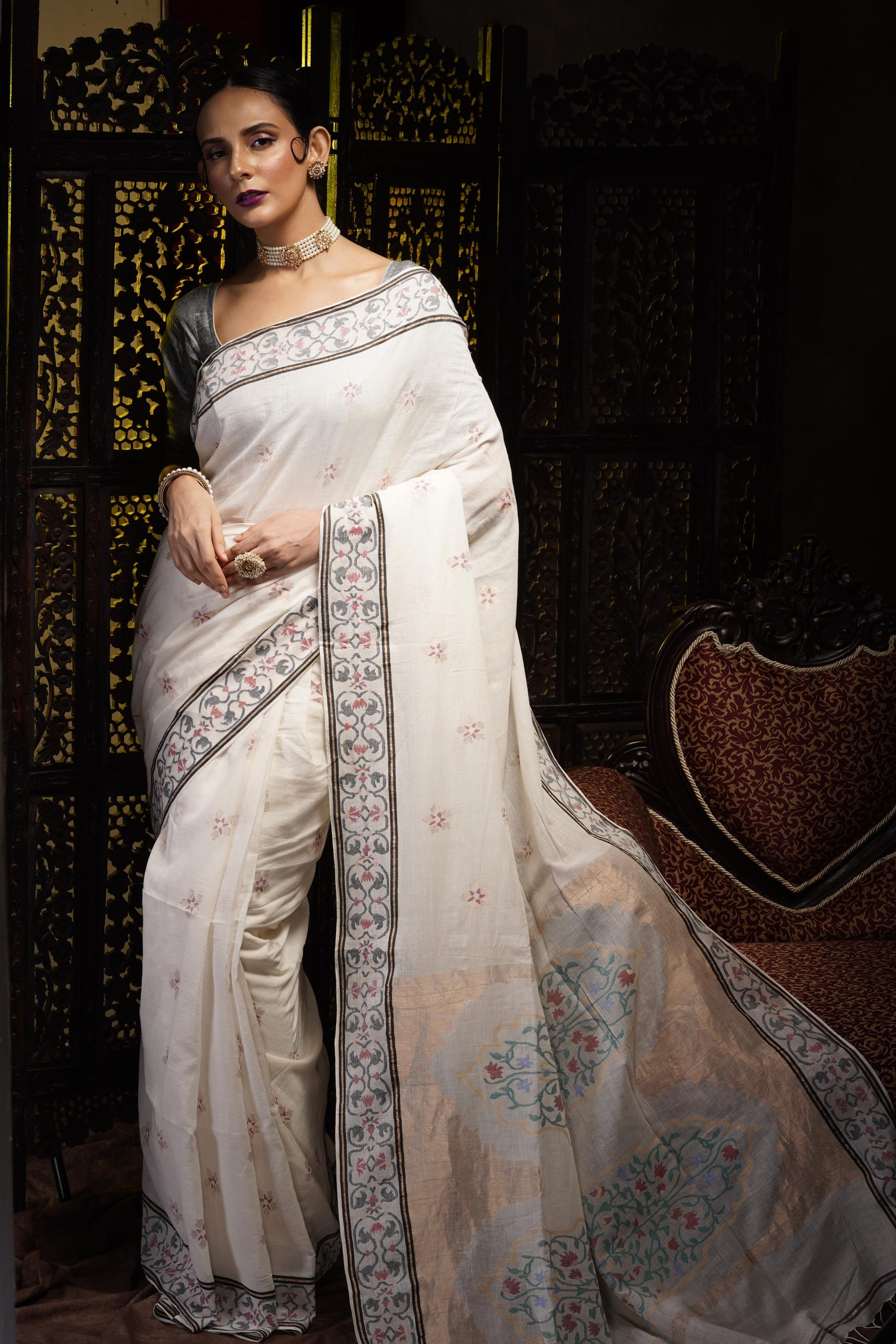 Belleza icónica: Khadi Jamdani Saree con temática del Taj Mahal