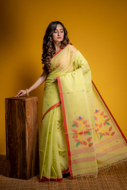 Handwoven Yellow cotton Jamdani saree