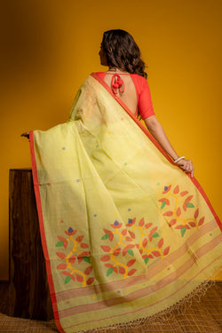 Handwoven Yellow cotton Jamdani saree