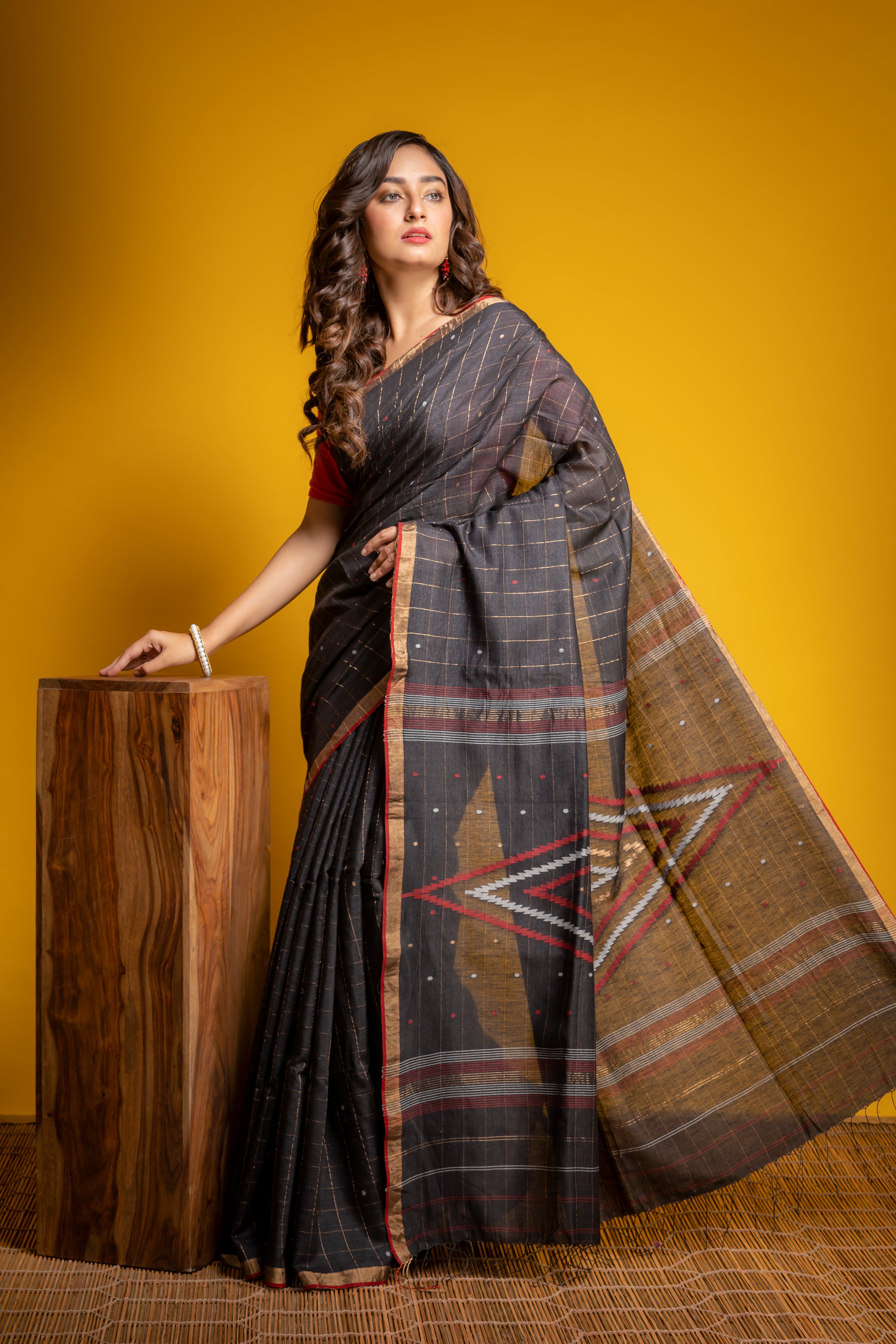 Handwoven Black Khadi Jamdani saree