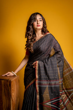 Handwoven Black Khadi Jamdani saree