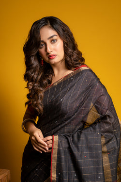 Handwoven Black Khadi Jamdani saree