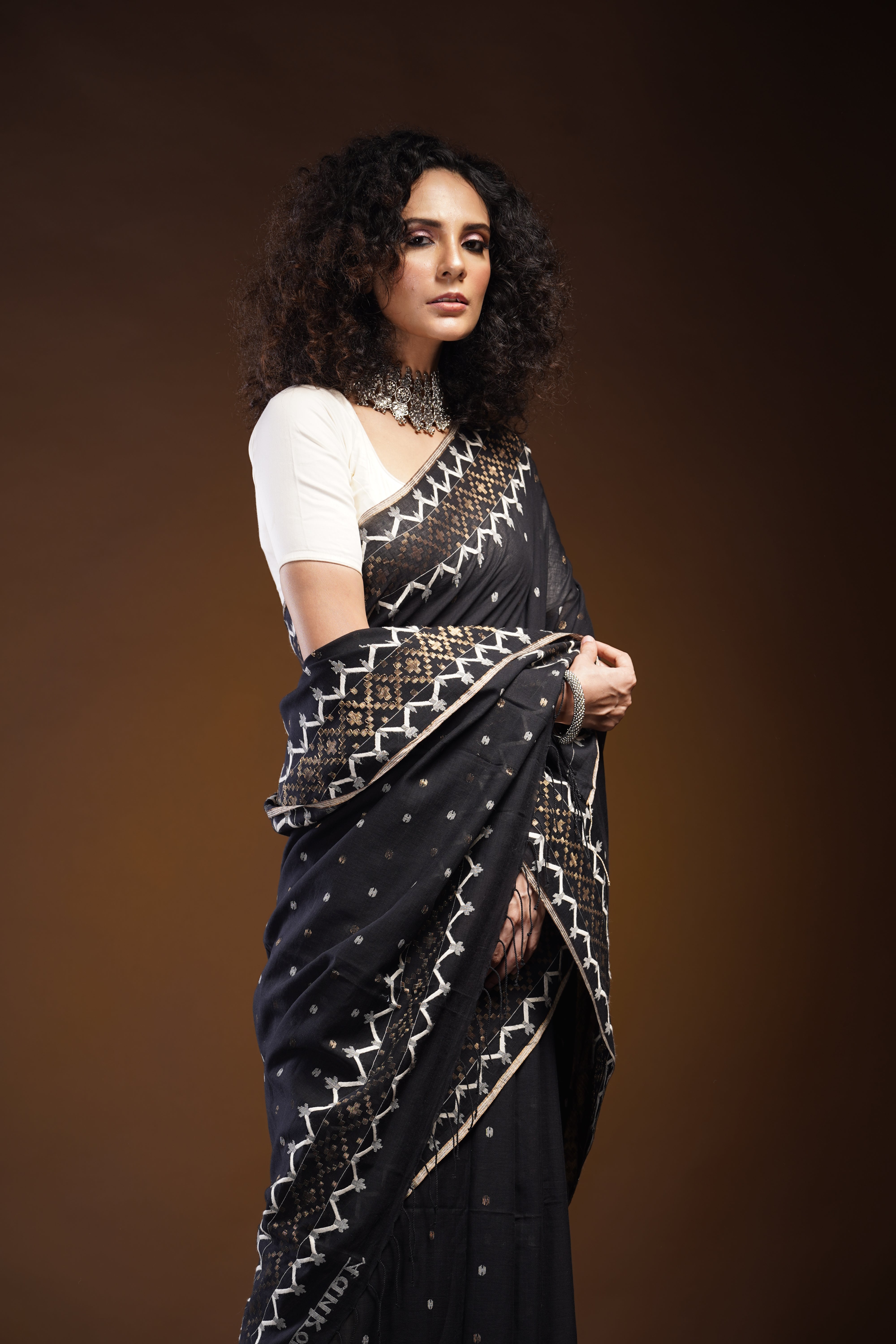 Handwoven Black Khadi Jamdani Saree