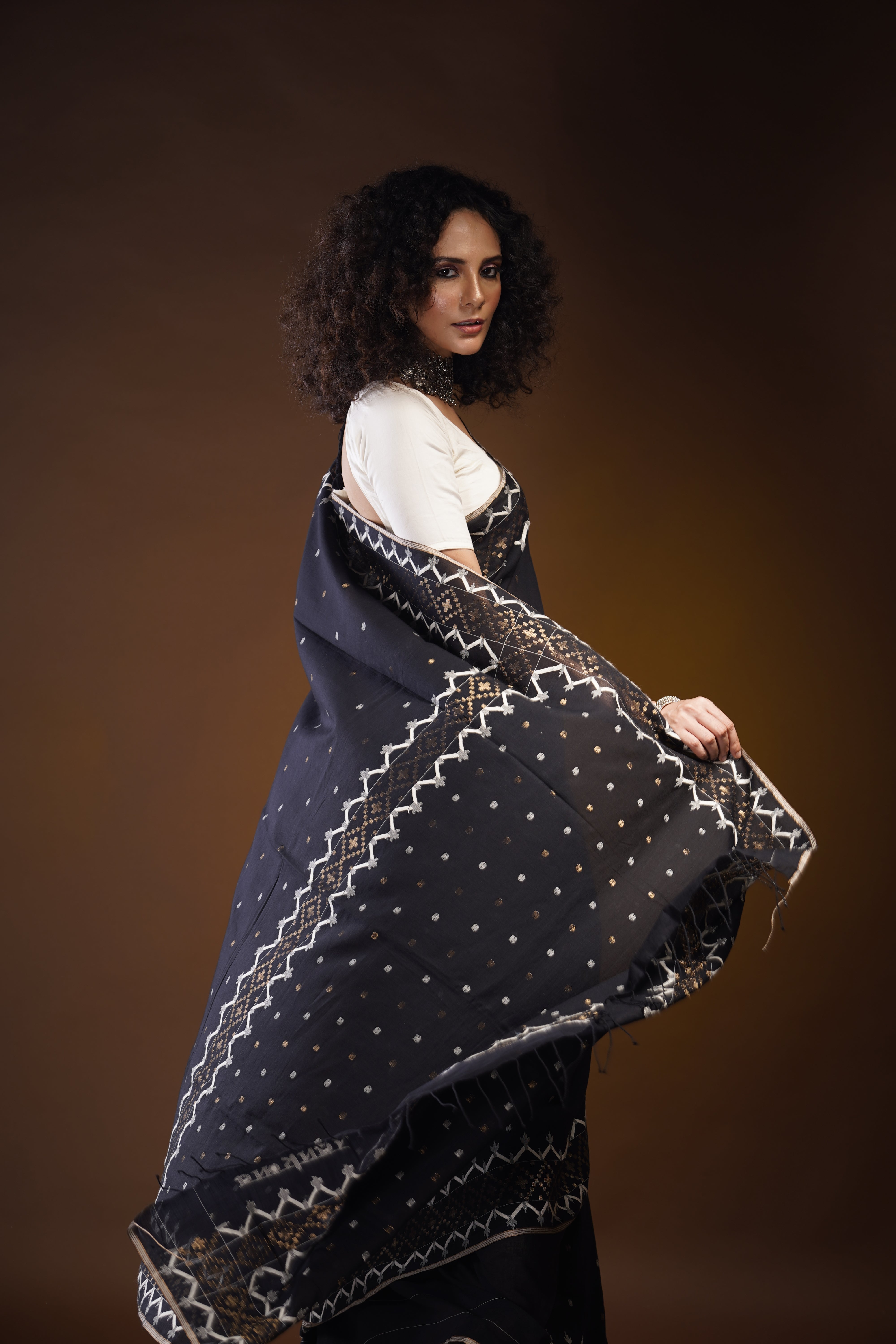 Handwoven Black Khadi Jamdani Saree