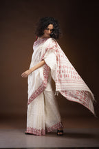 Khadi Jamdani Saree With Maroon Border - Aankona