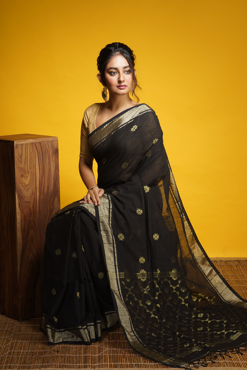 Handwoven Black Cotton Saree With Zari Work