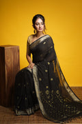 Handwoven Black Cotton Saree With Zari Work