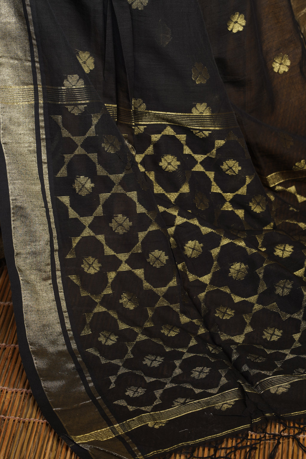 Handwoven Black Cotton Saree With Zari Work