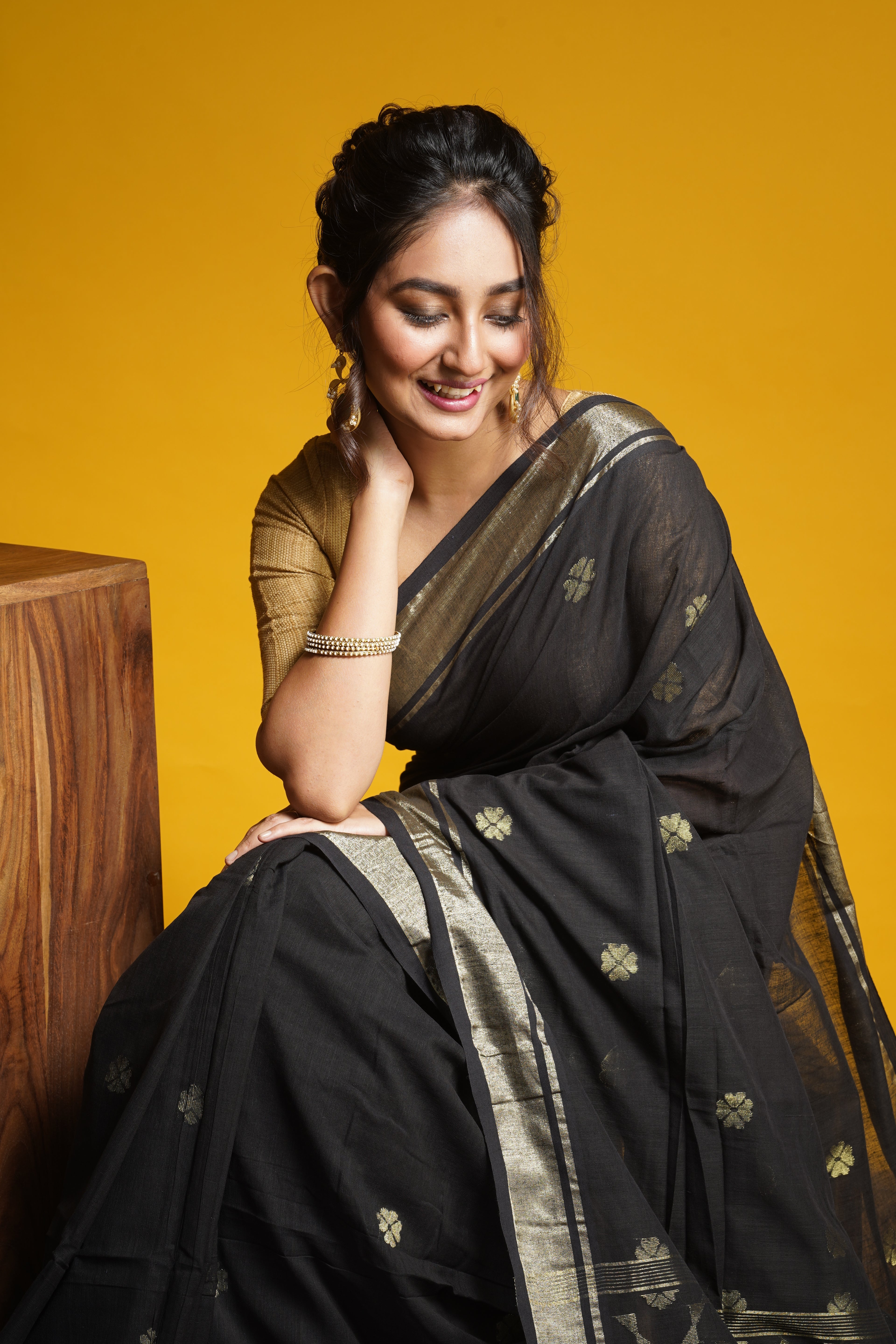 Handwoven Black Cotton Saree With Zari Work