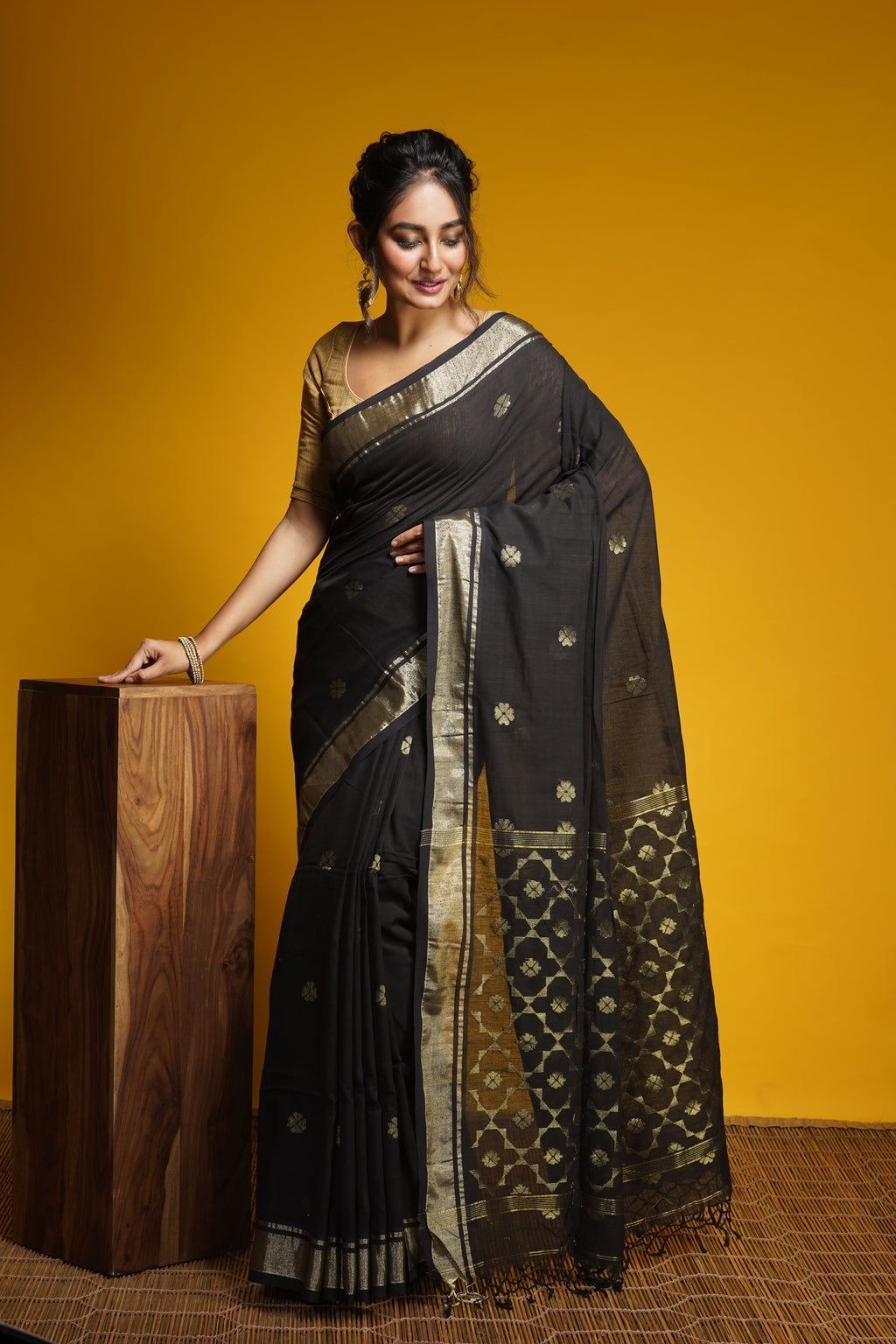 Handwoven Black Cotton Saree With Zari Work