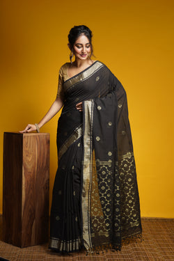 Handwoven Black Cotton saree with Zari work