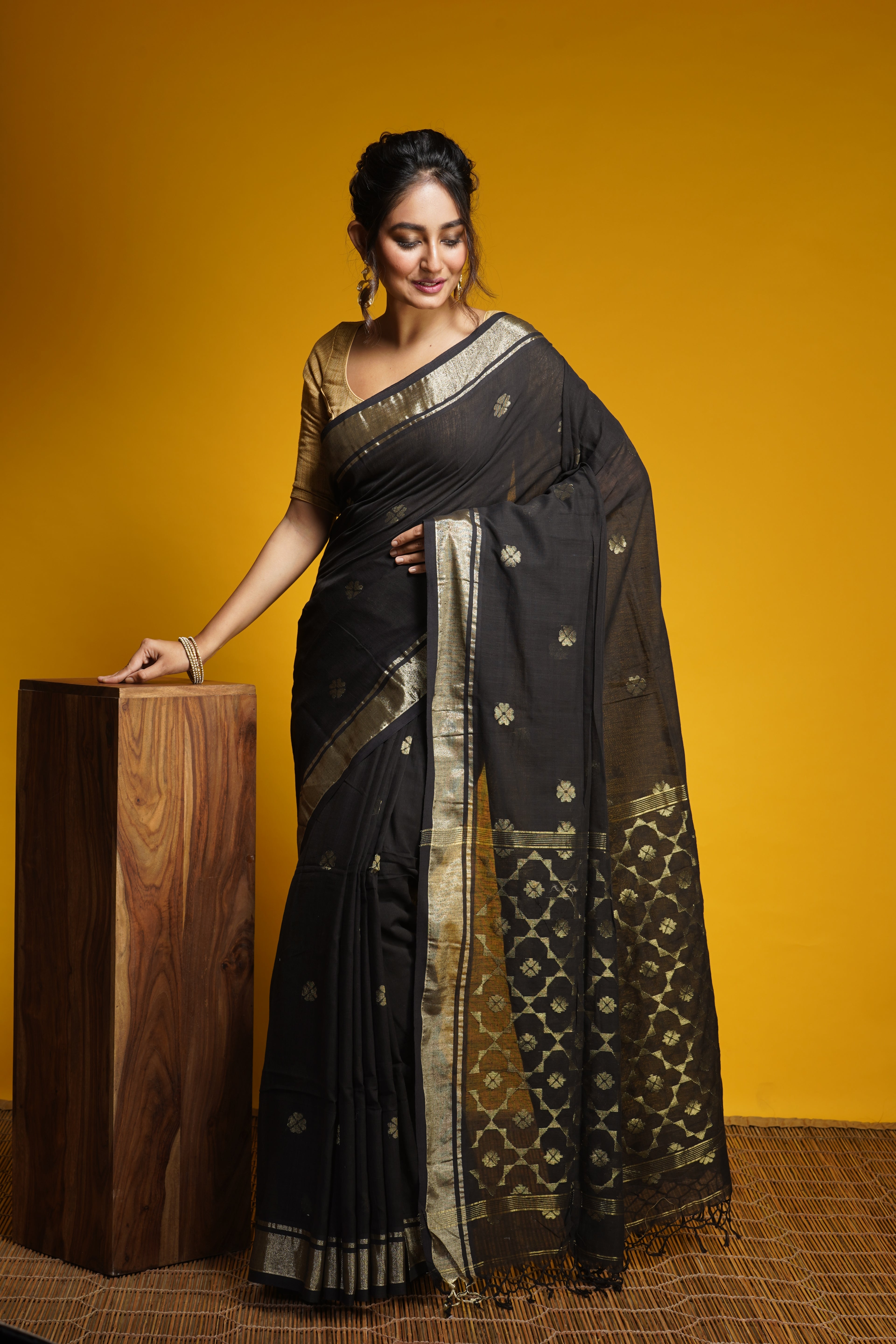Handwoven Black Cotton Saree With Zari Work