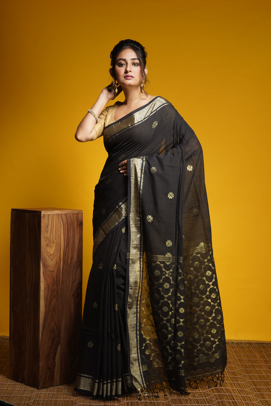 Handwoven Black Cotton Saree With Zari Work