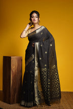 Handwoven Black Cotton Saree With Zari Work