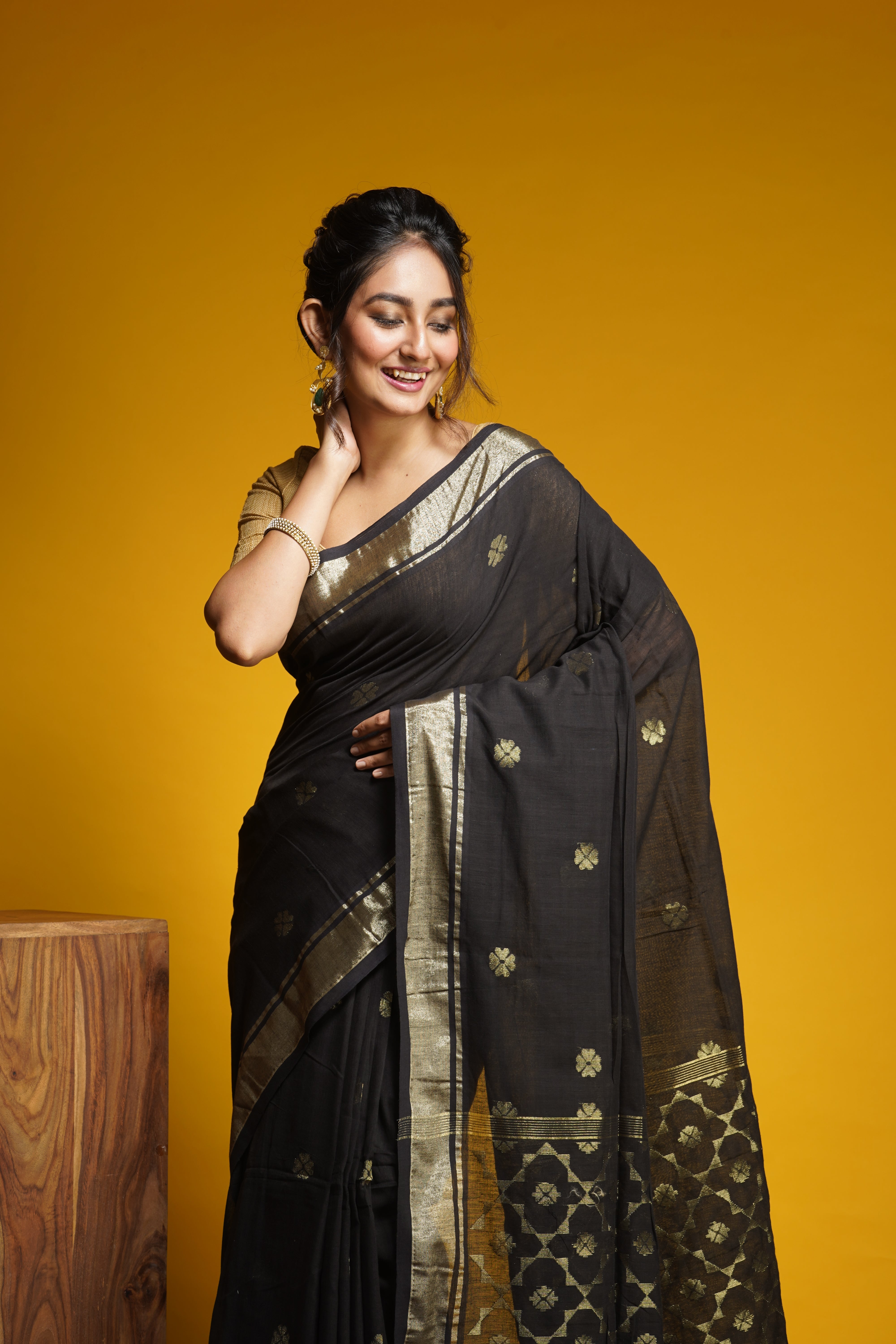 Handwoven Black Cotton saree with Zari work