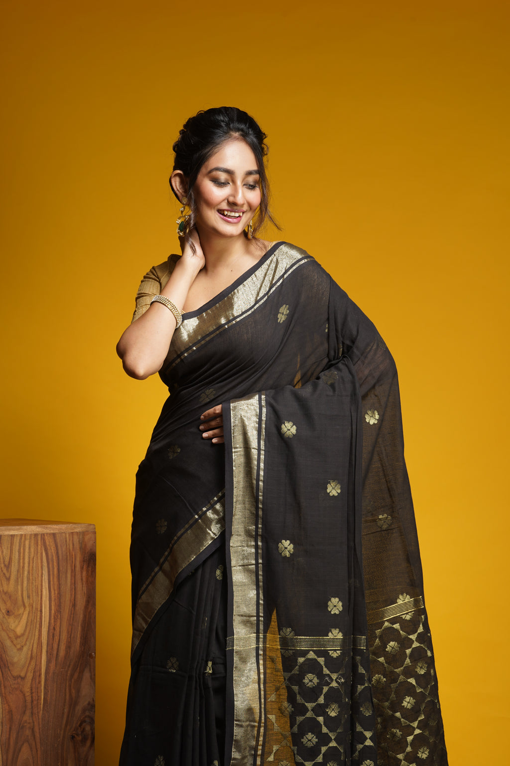 Handwoven Black Cotton Saree With Zari Work