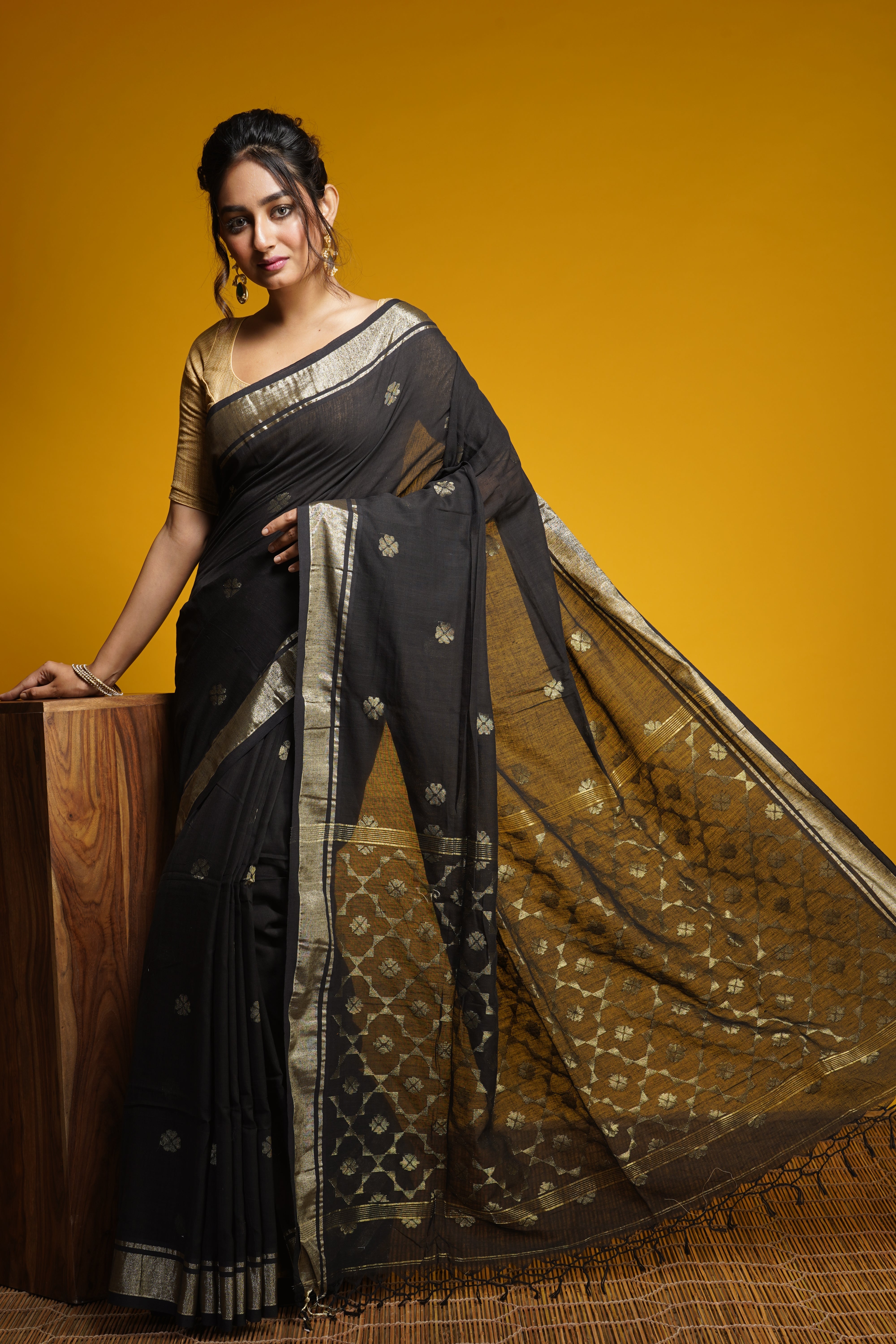 Handwoven Black Cotton saree with Zari work