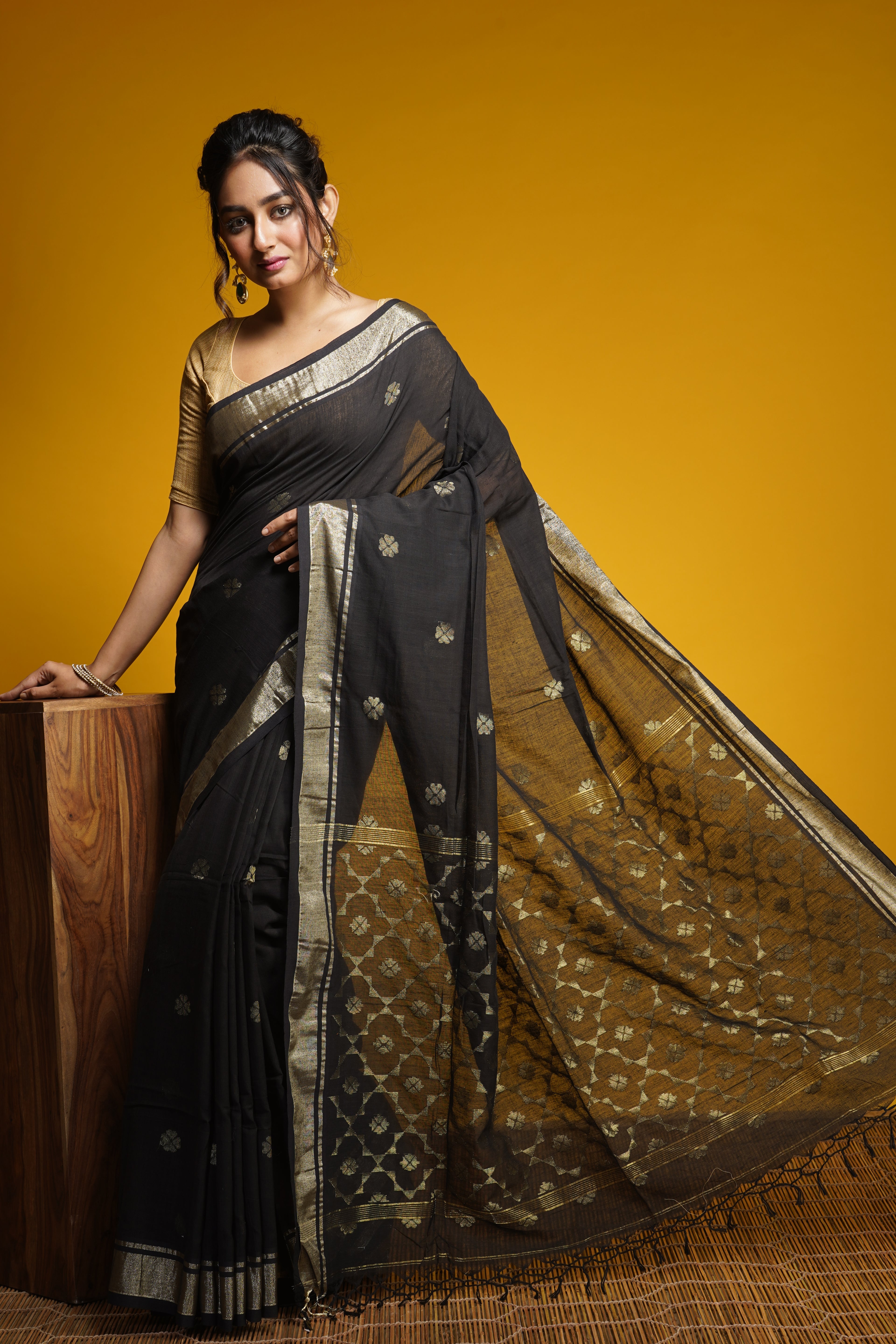 Handwoven Black Cotton Saree With Zari Work