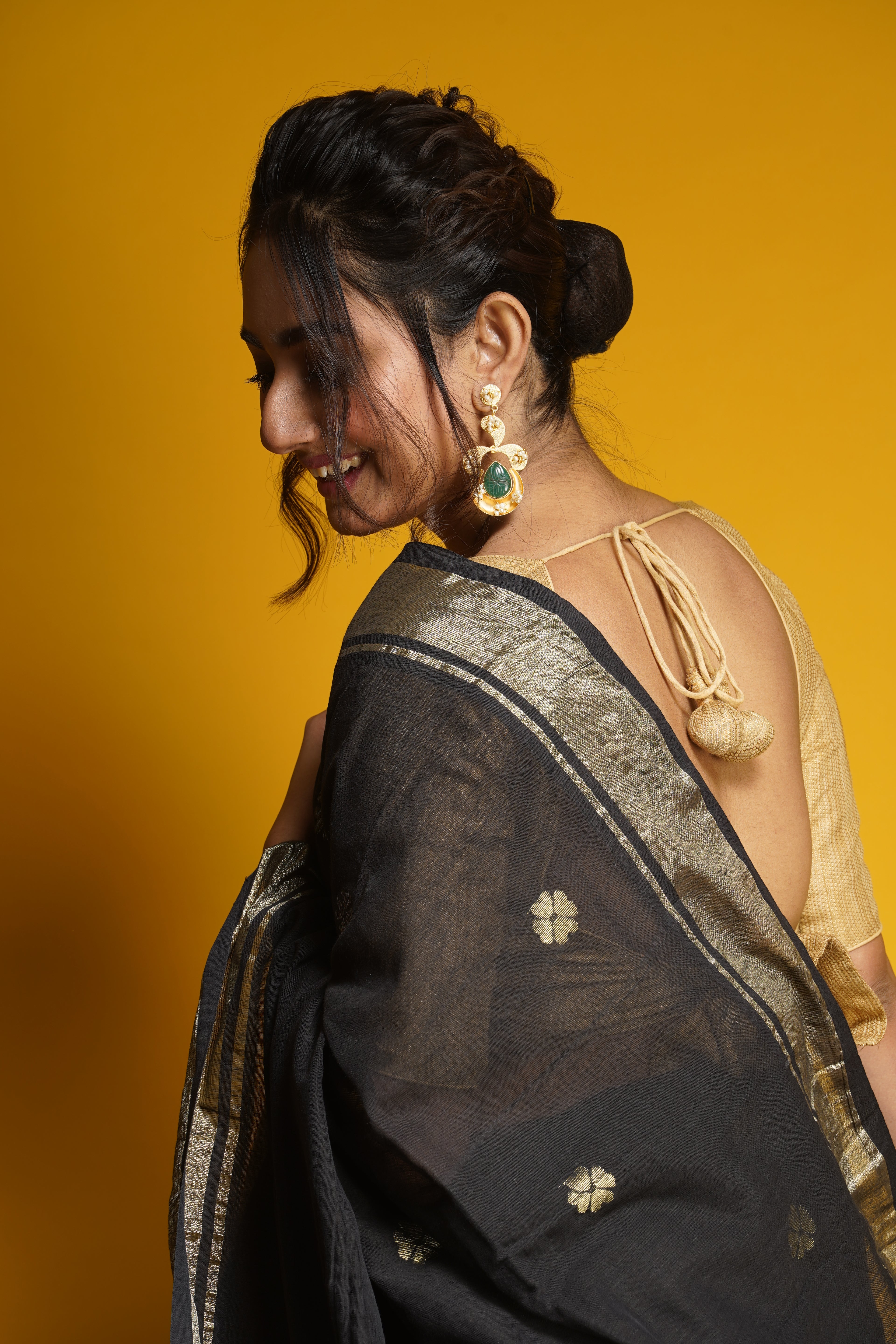 Handwoven Black Cotton Saree With Zari Work