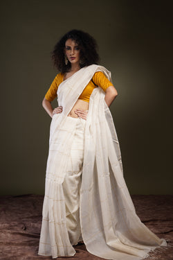 Handwoven White Khadi Jamdani Saree