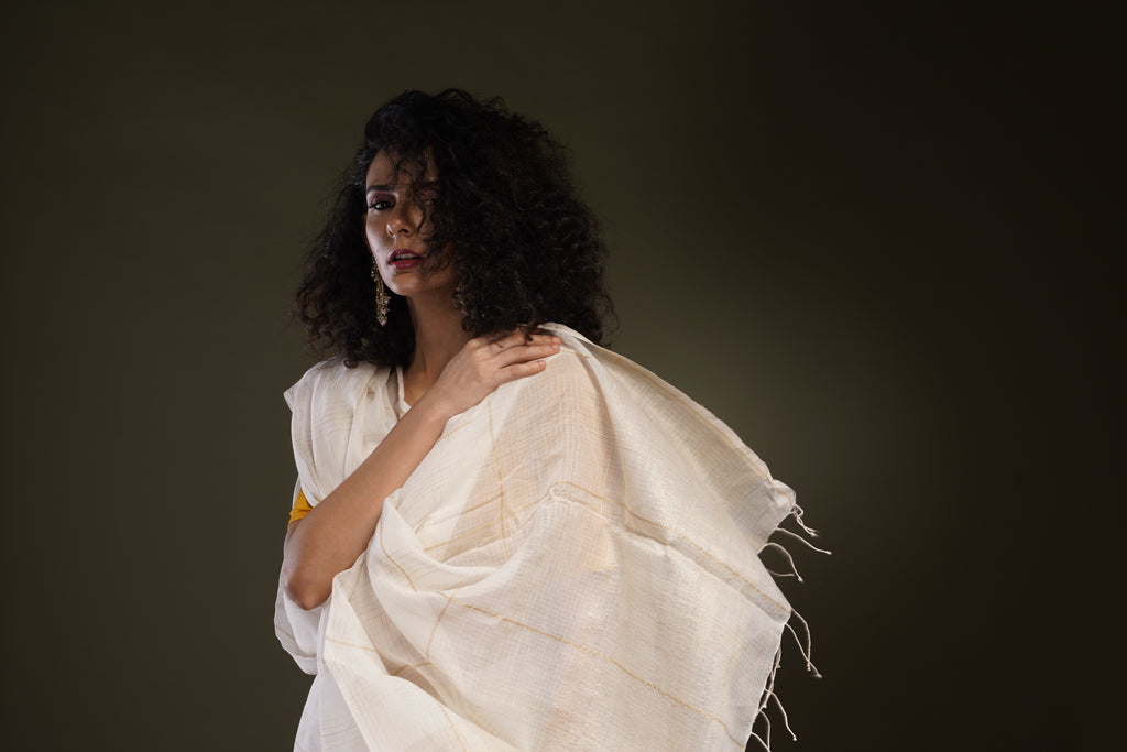 Handwoven White With Zari Assam Muga Saree