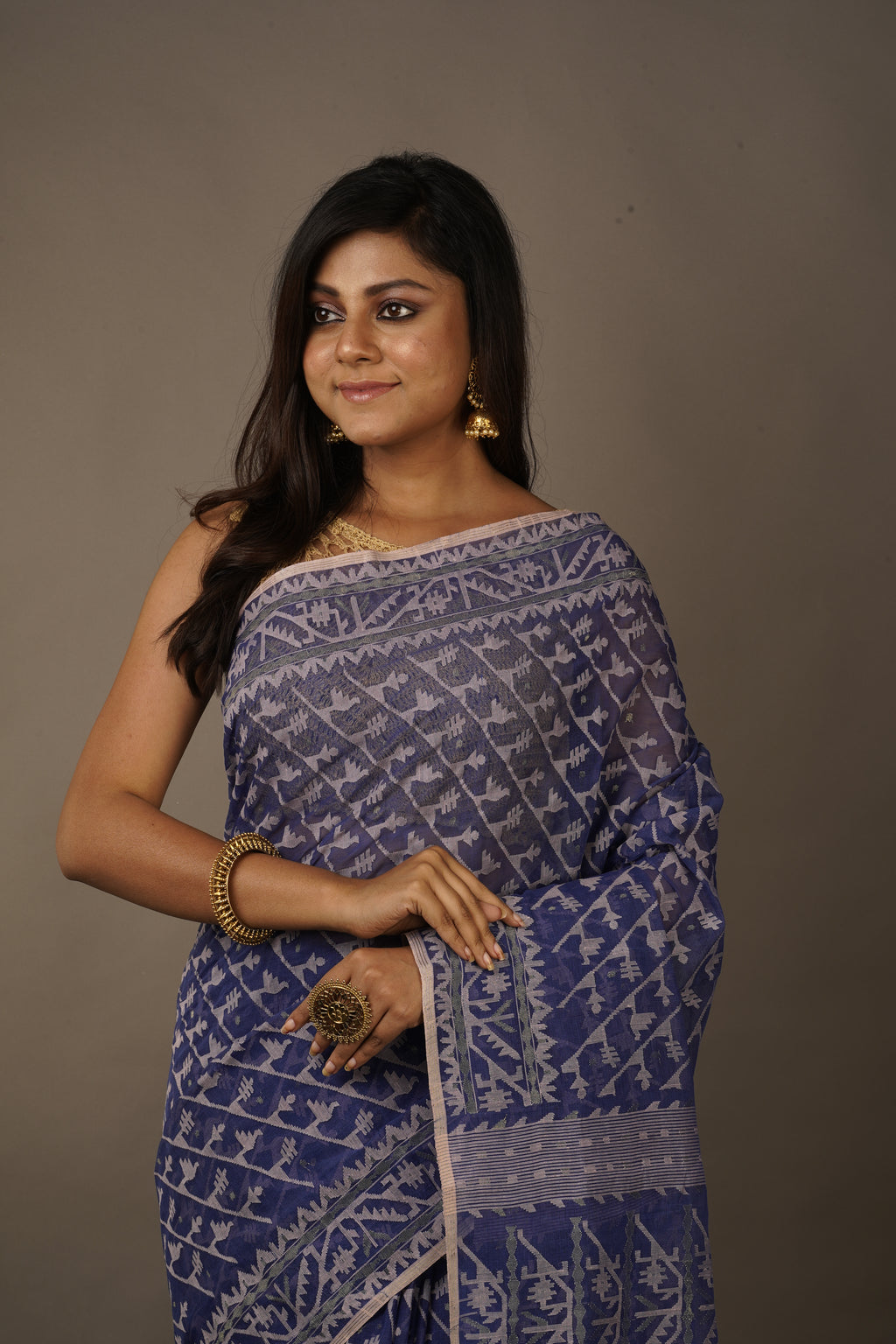 Handwoven Indigo Dhakai Jamdani Saree