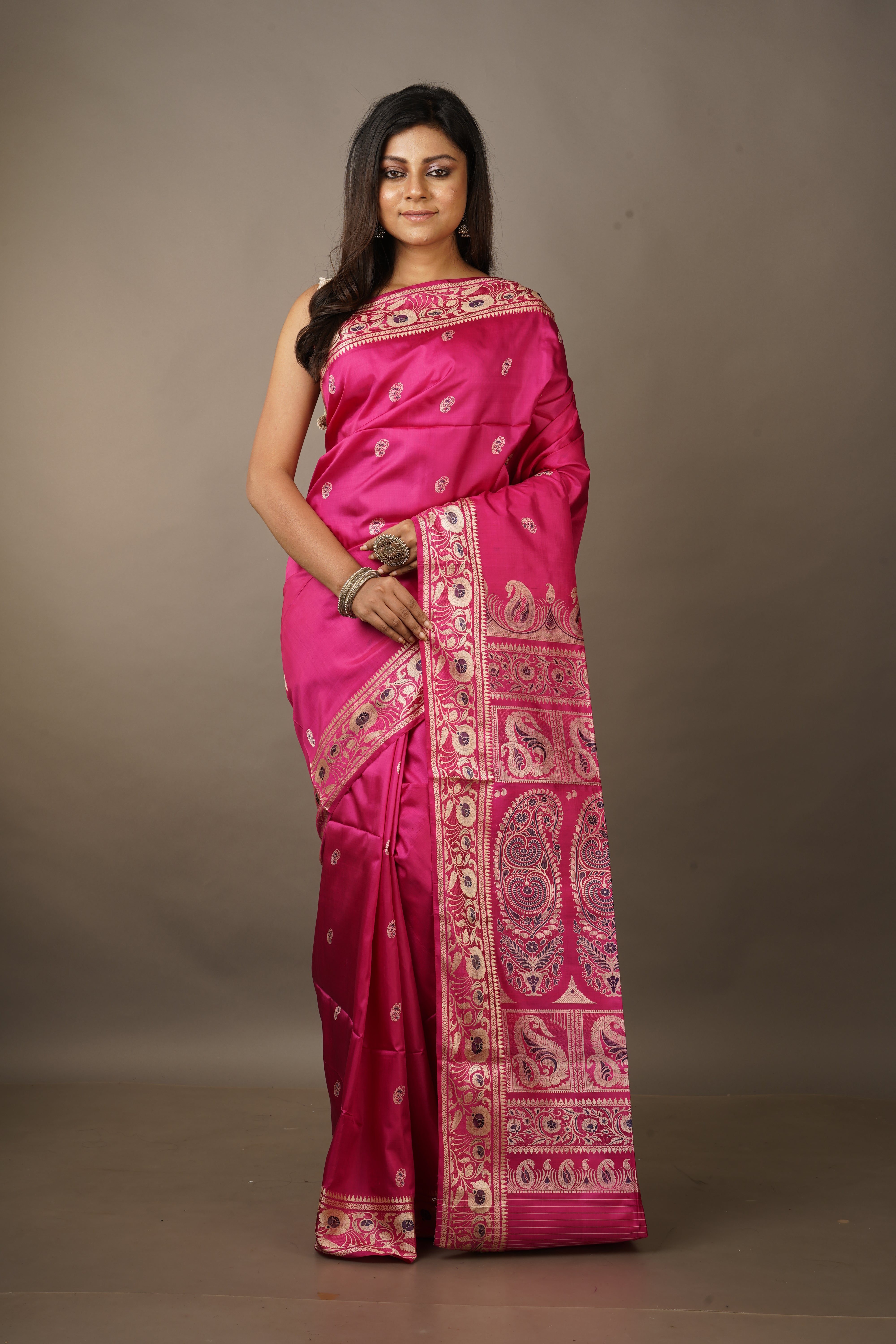 Handwoven fuchsia pink baluchari  saree