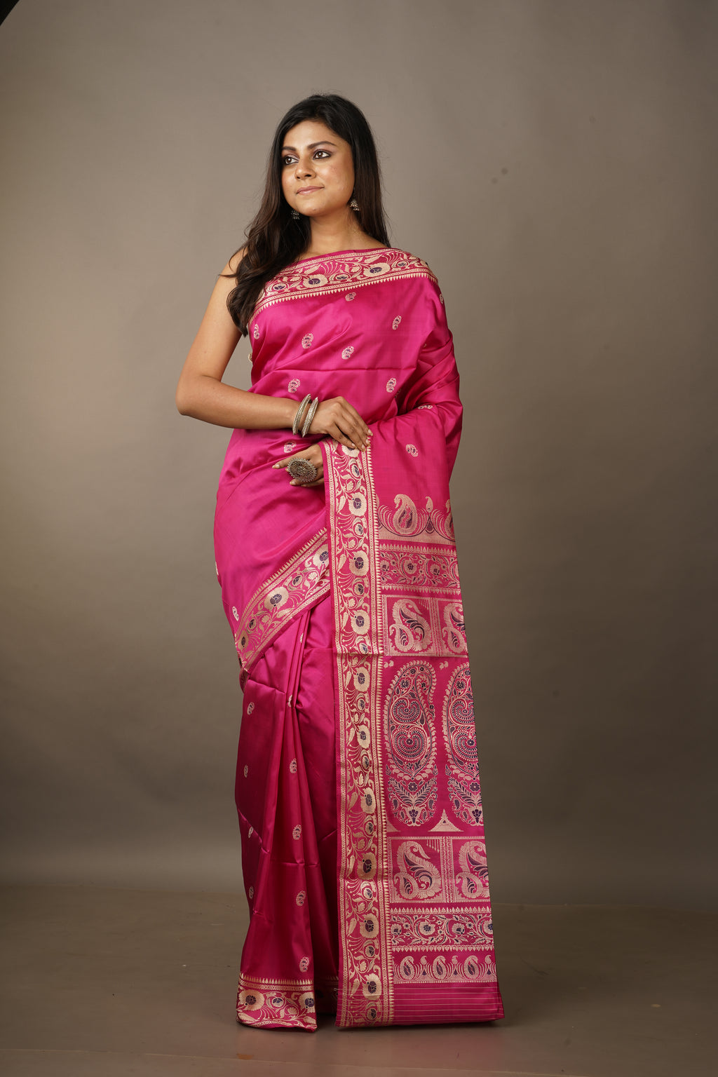 Handwoven fuchsia pink Baluchari silk saree