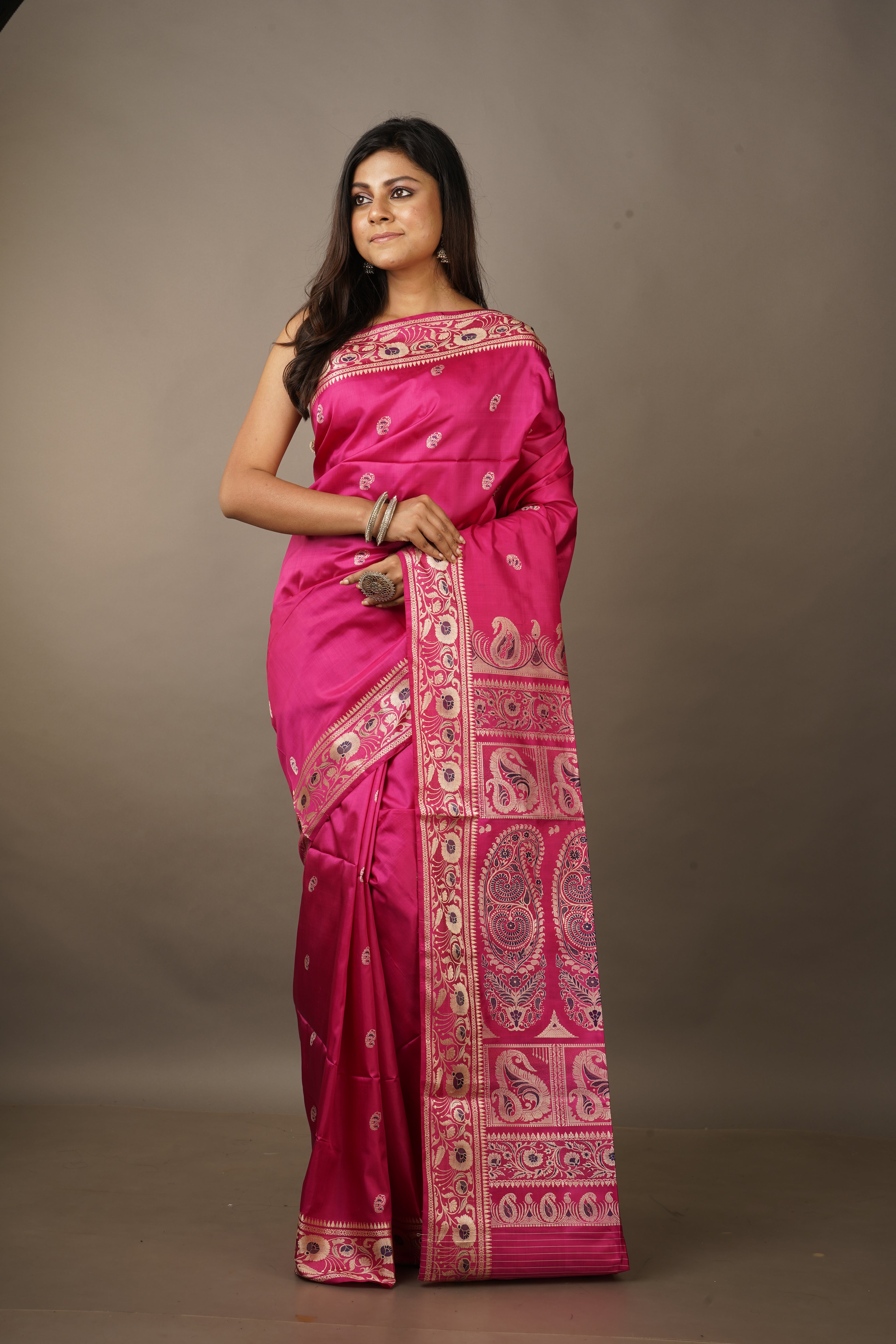 Handwoven fuchsia pink Baluchari silk saree