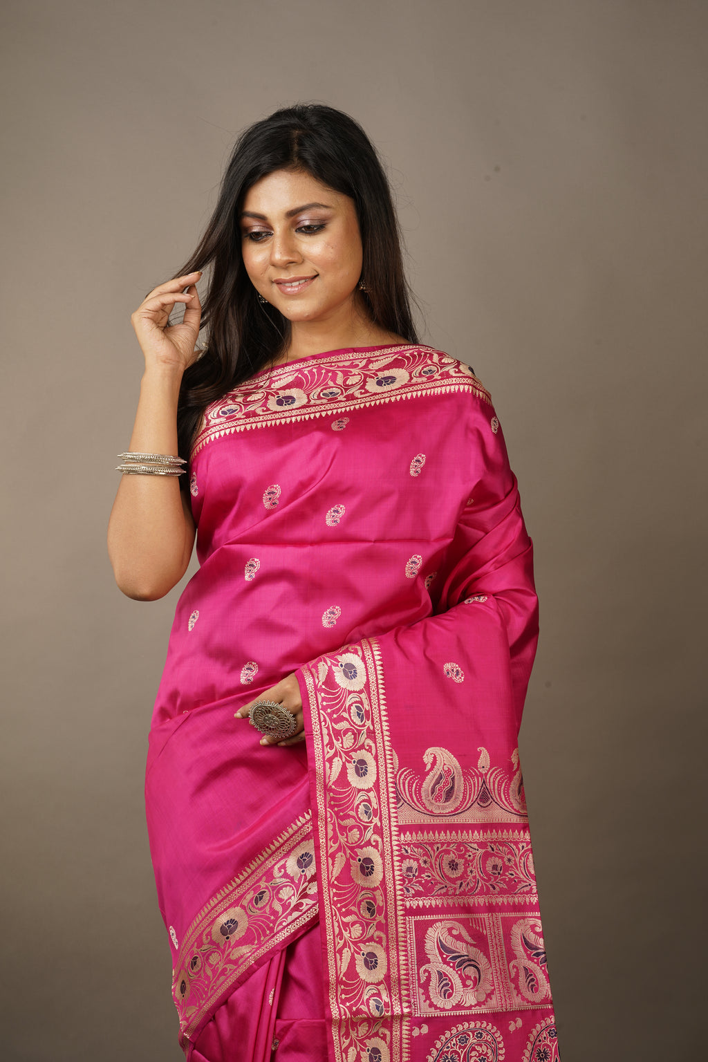 Handwoven Fuchsia Pink Baluchari  Saree