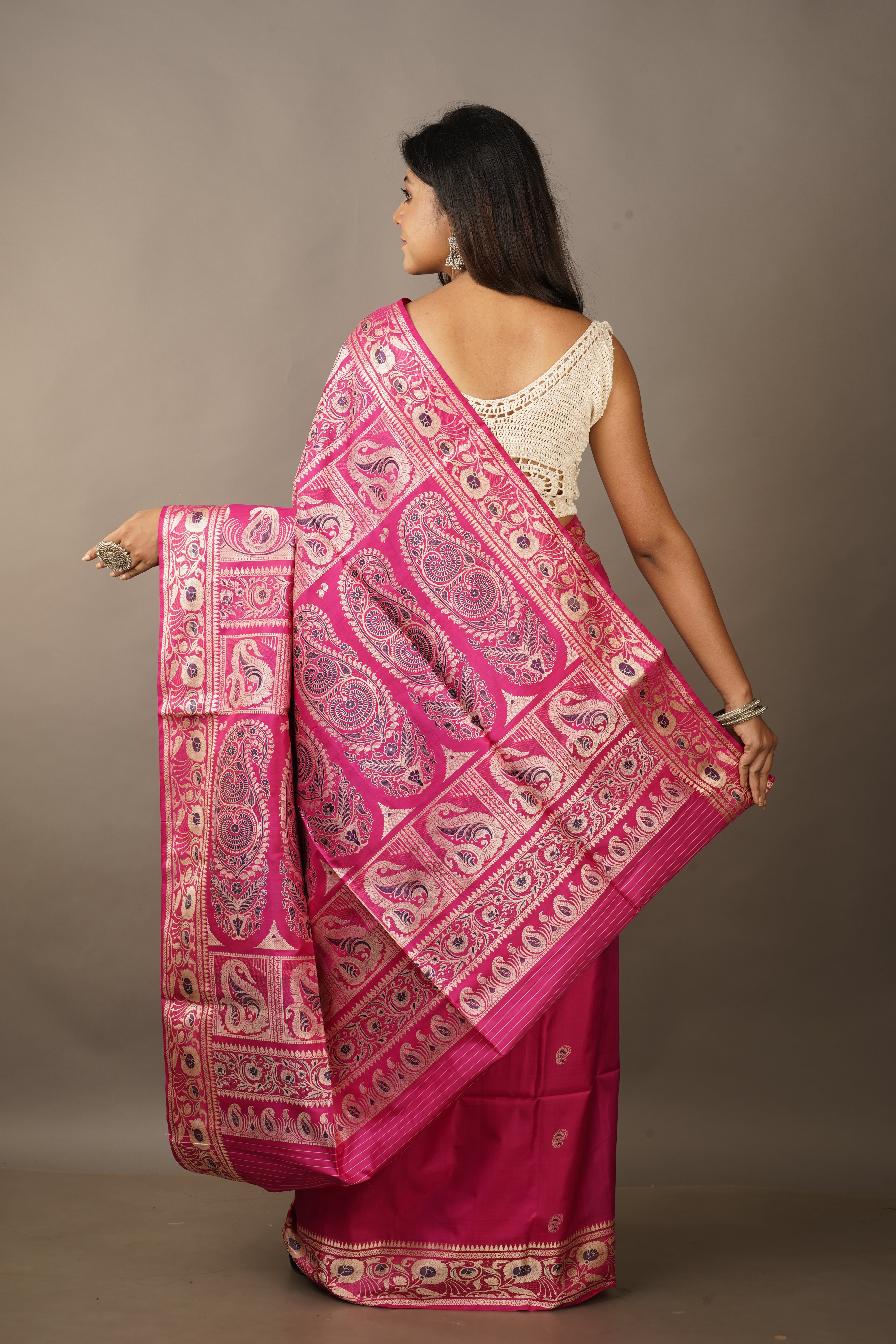 Handwoven fuchsia pink baluchari  saree