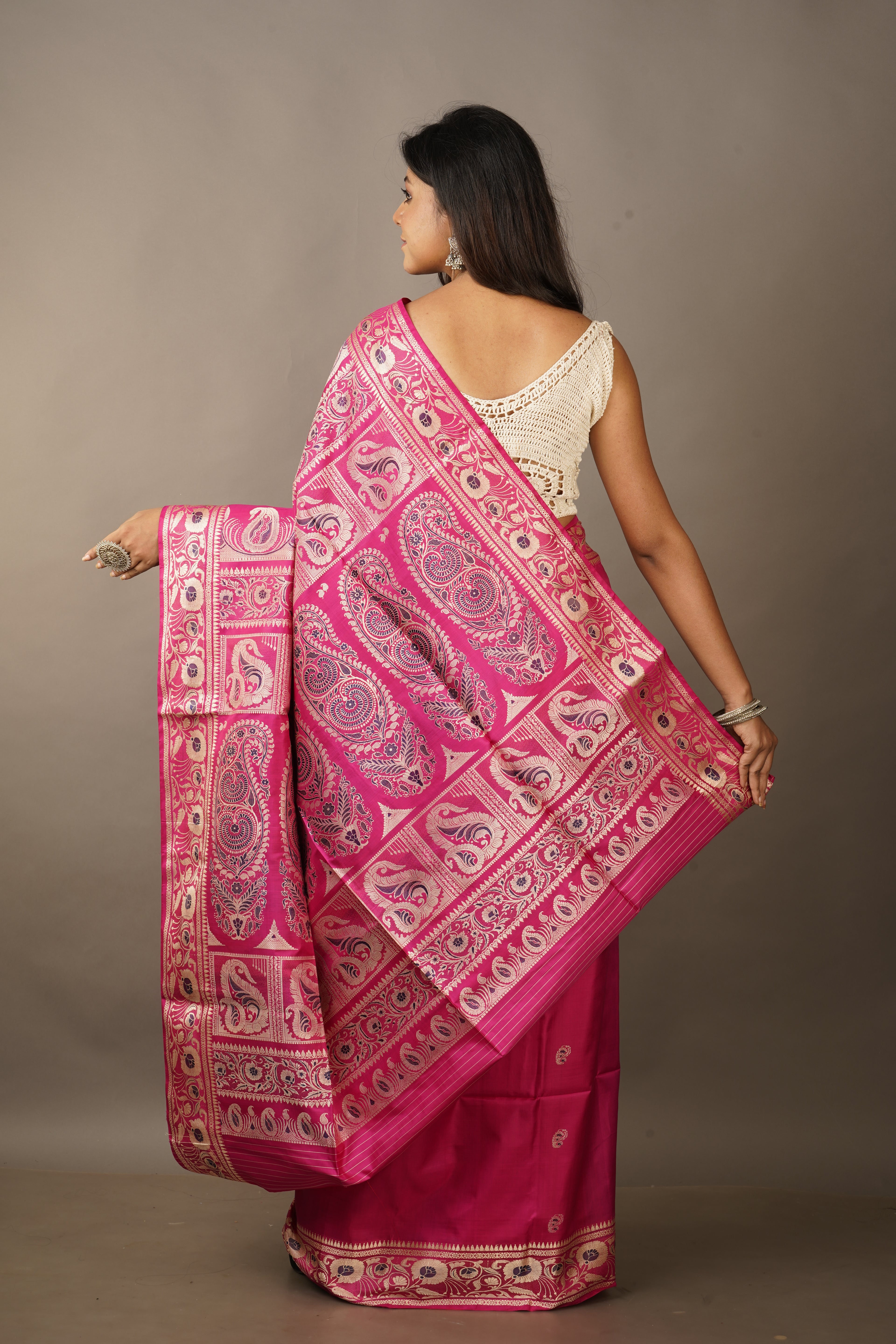 Handwoven Fuchsia Pink Baluchari  Saree