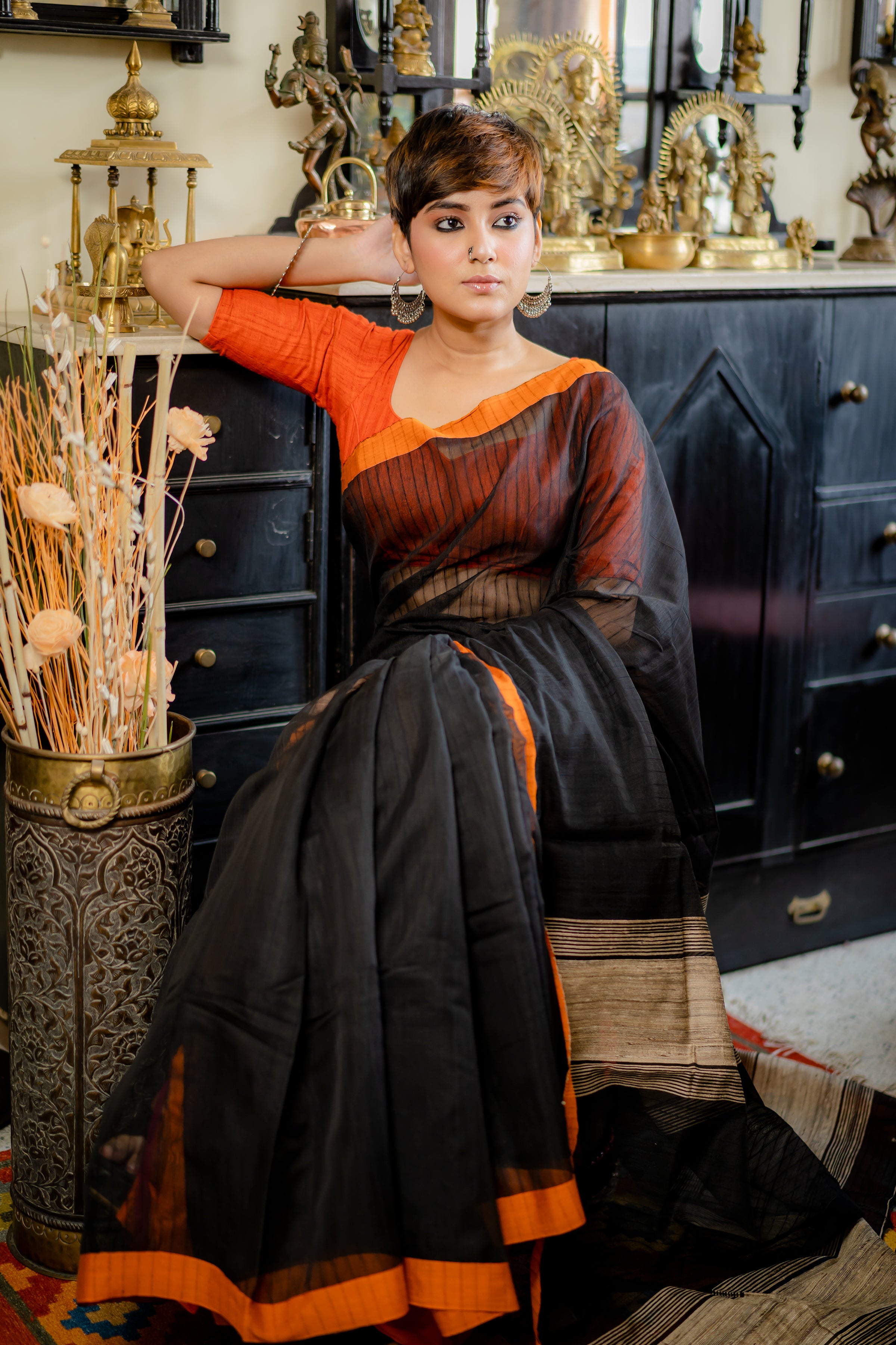 Handwoven Black cotton saree