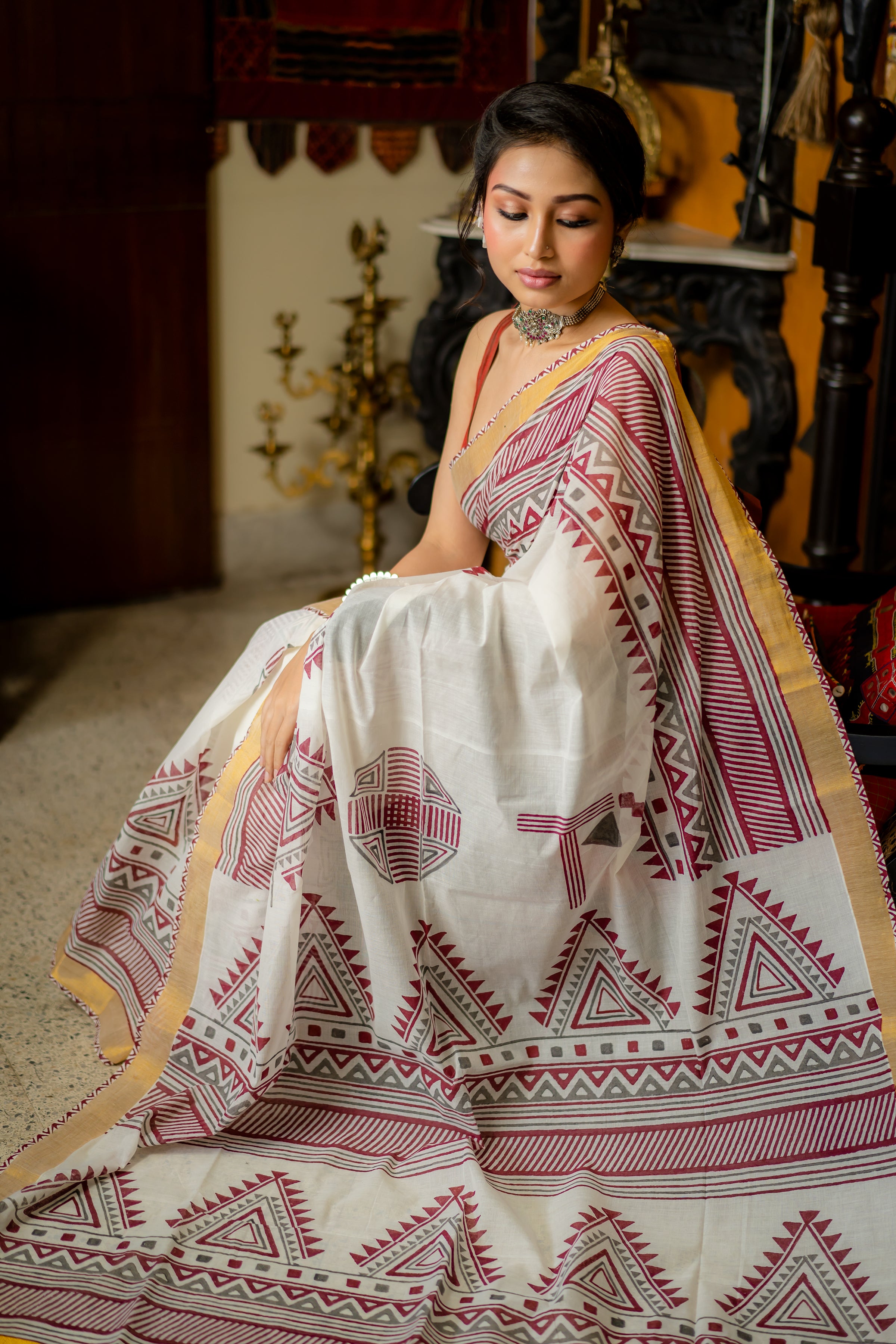 Kanak - Handwoven White Kerala Cotton Printed Saree