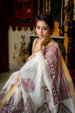 Kanak - Handwoven White Kerala Cotton Printed Saree