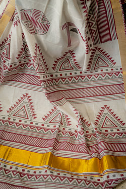 Kanak - Handwoven White Kerala Cotton Printed Saree