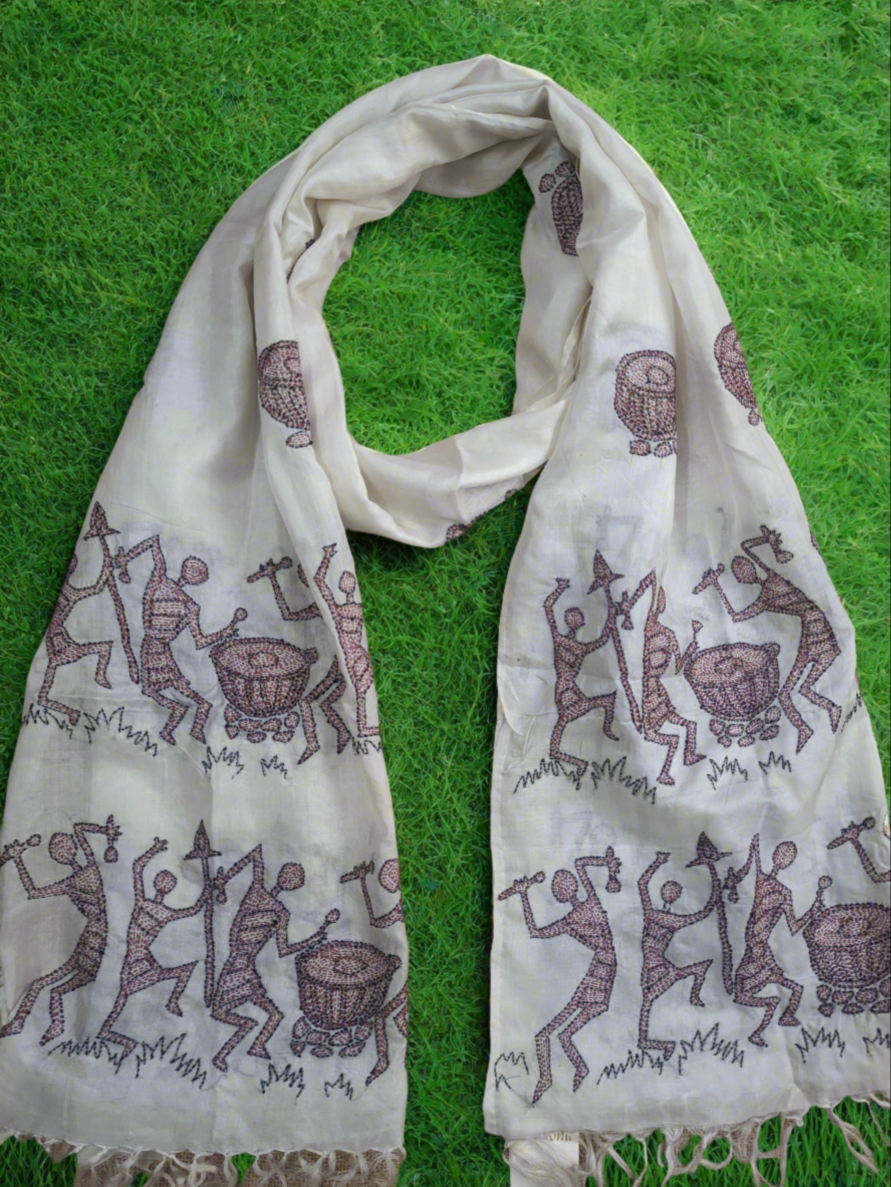 Exclusive Handwoven Silk Scarf With Kantha Work