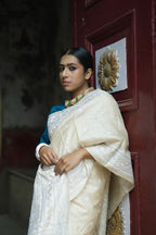 Handwoven off white Tussar saree with Kantha work