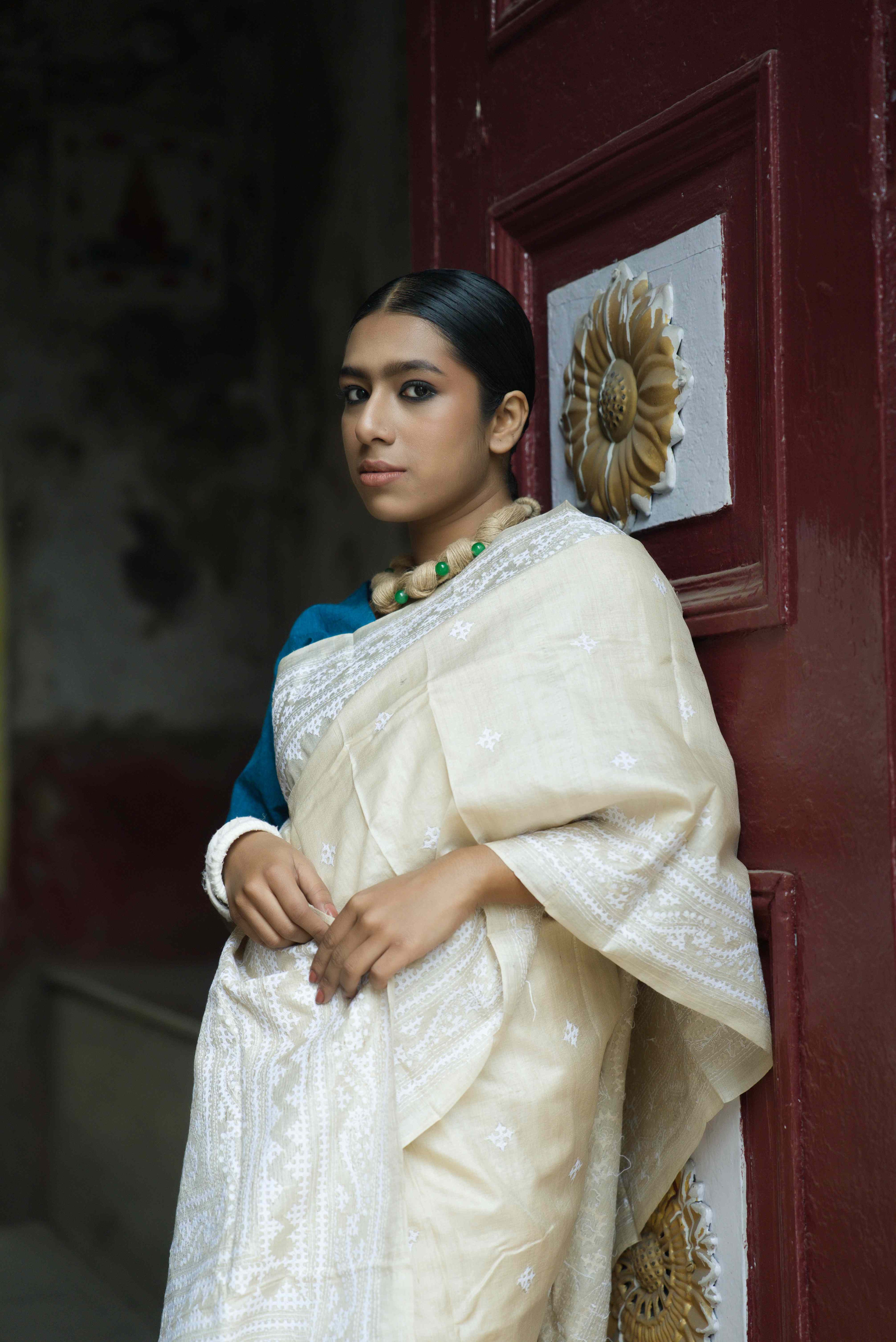 Handwoven off white Tussar saree with Kantha work