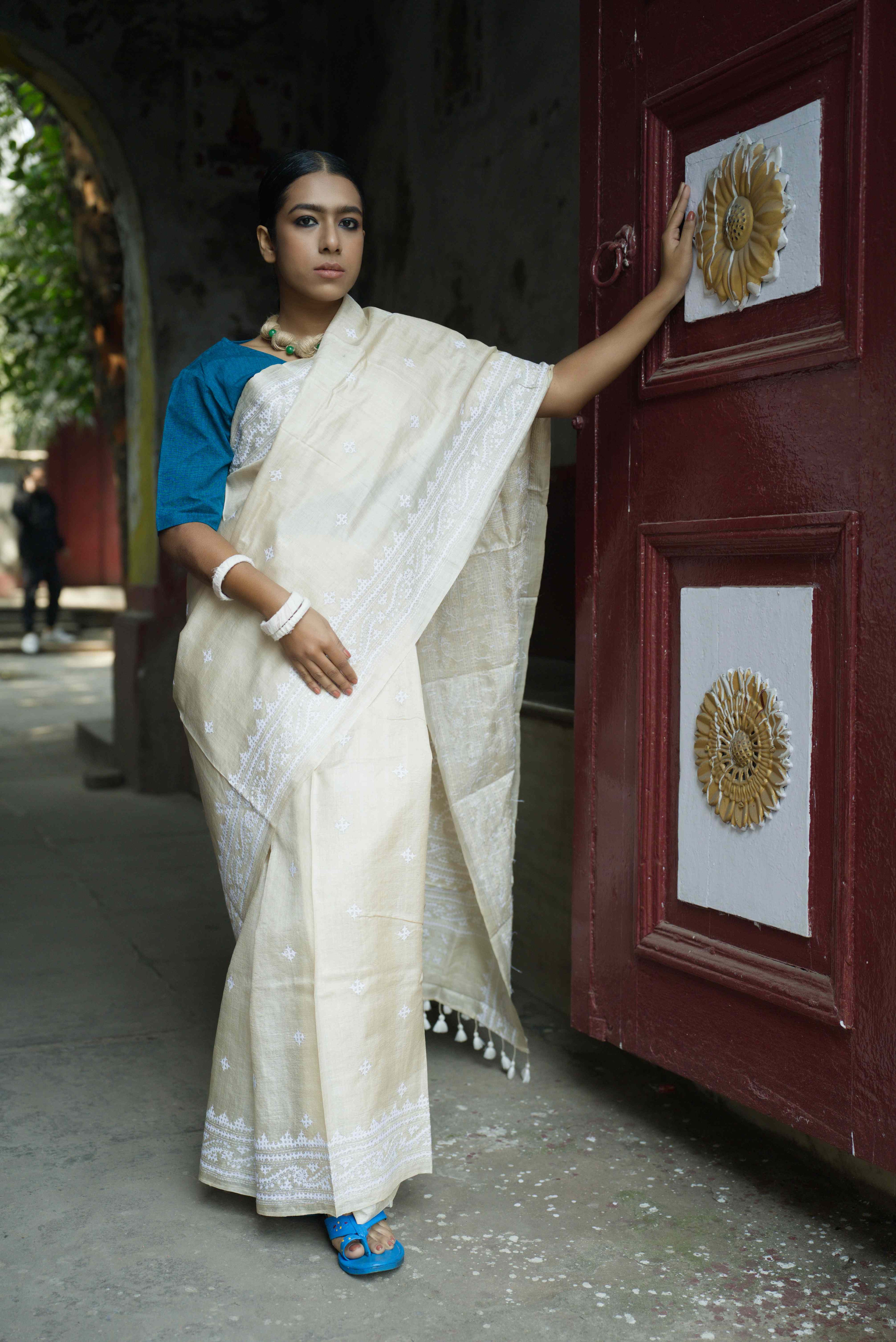Handwoven Off-White Tussar Saree With Kantha Work